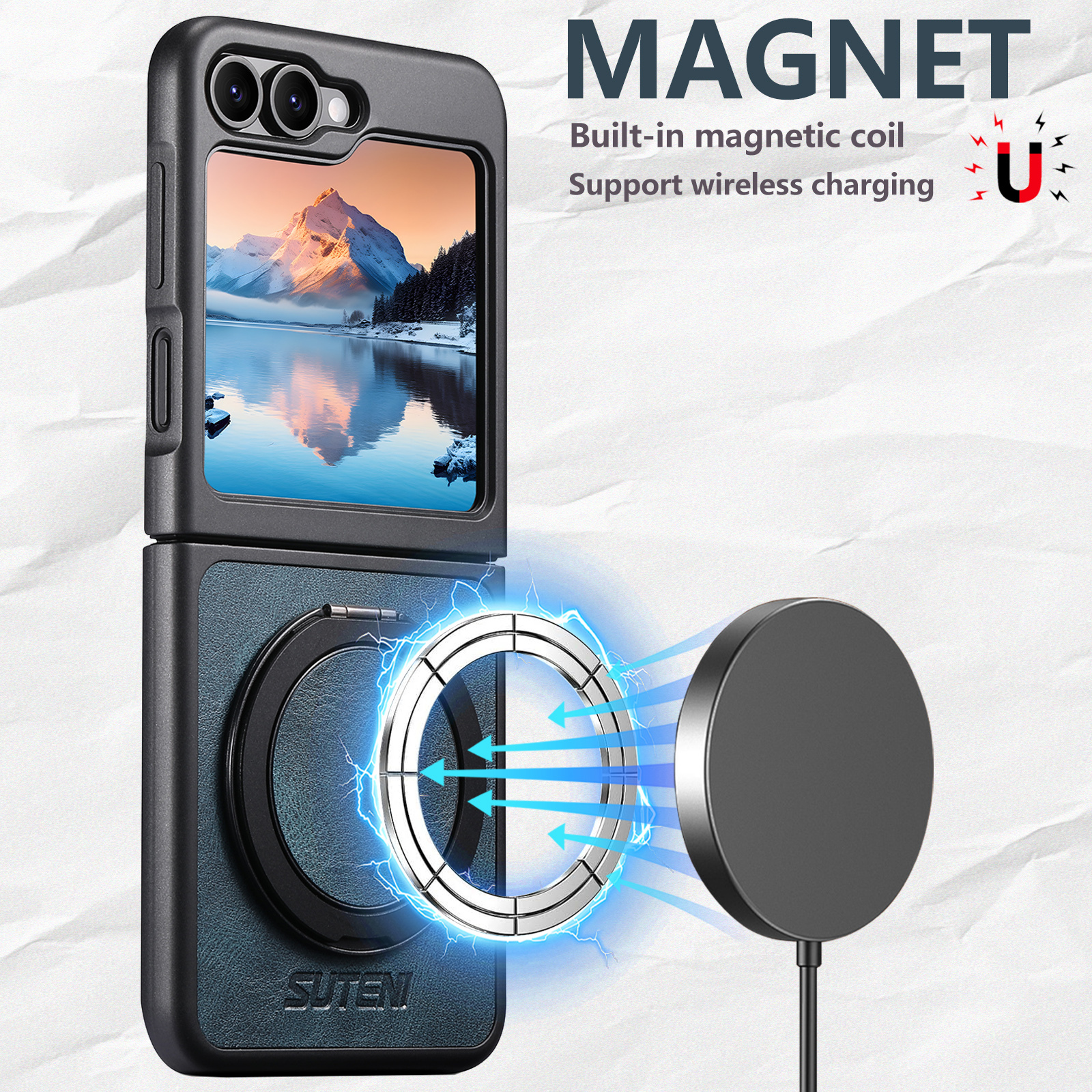 SUTENI Magnet Wireless Charging G3YL Phone Case Oil Wax Faux Leather 360° Rotating Stand Buckle For Samsung Galaxy Z Flip 7 6 5