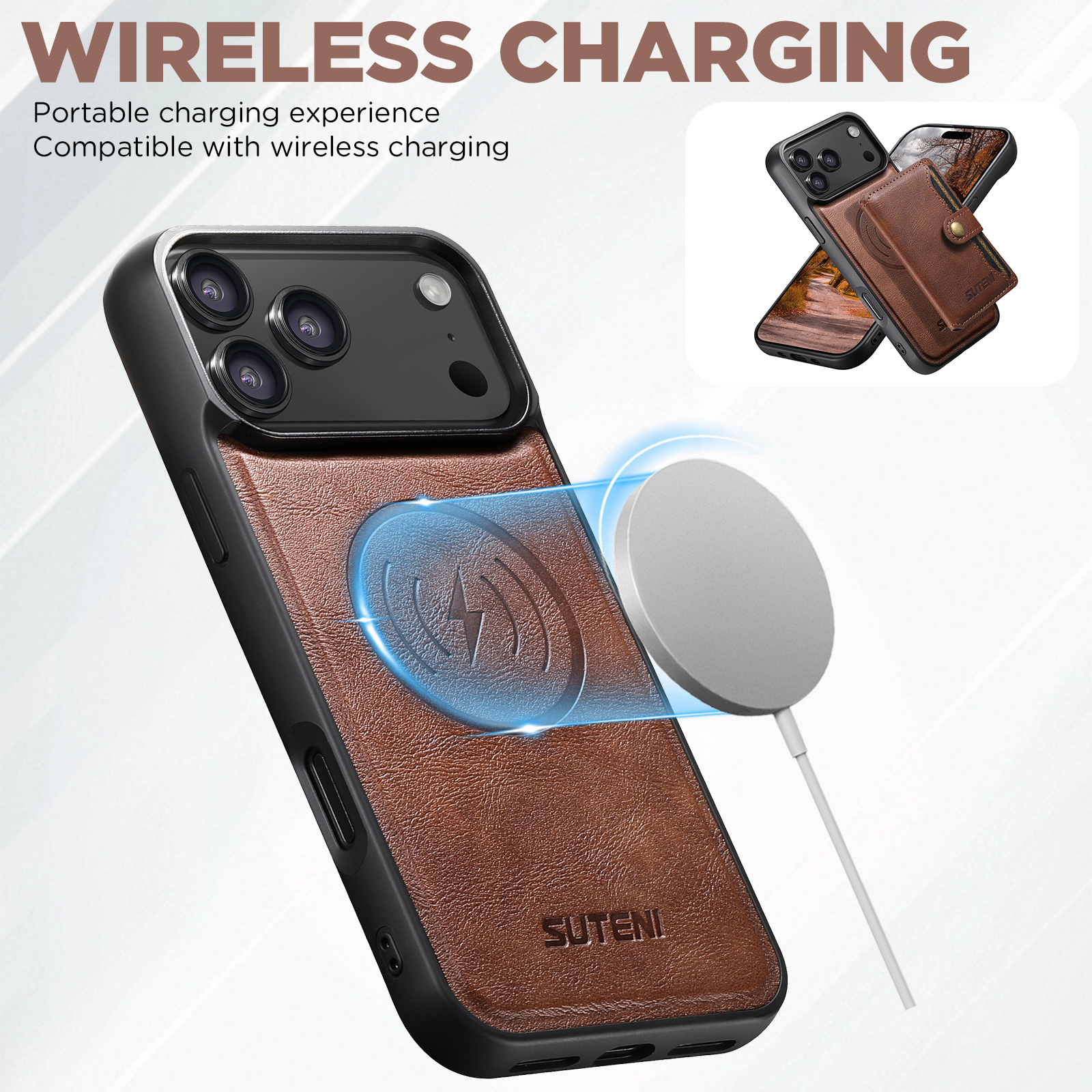 SUTENI M4 Wireless Charging Luxury Faux Leather Magnet Phone Case Card Holder Stand For iPhone 17 Pro Max 16 Plus 15 14 13 12