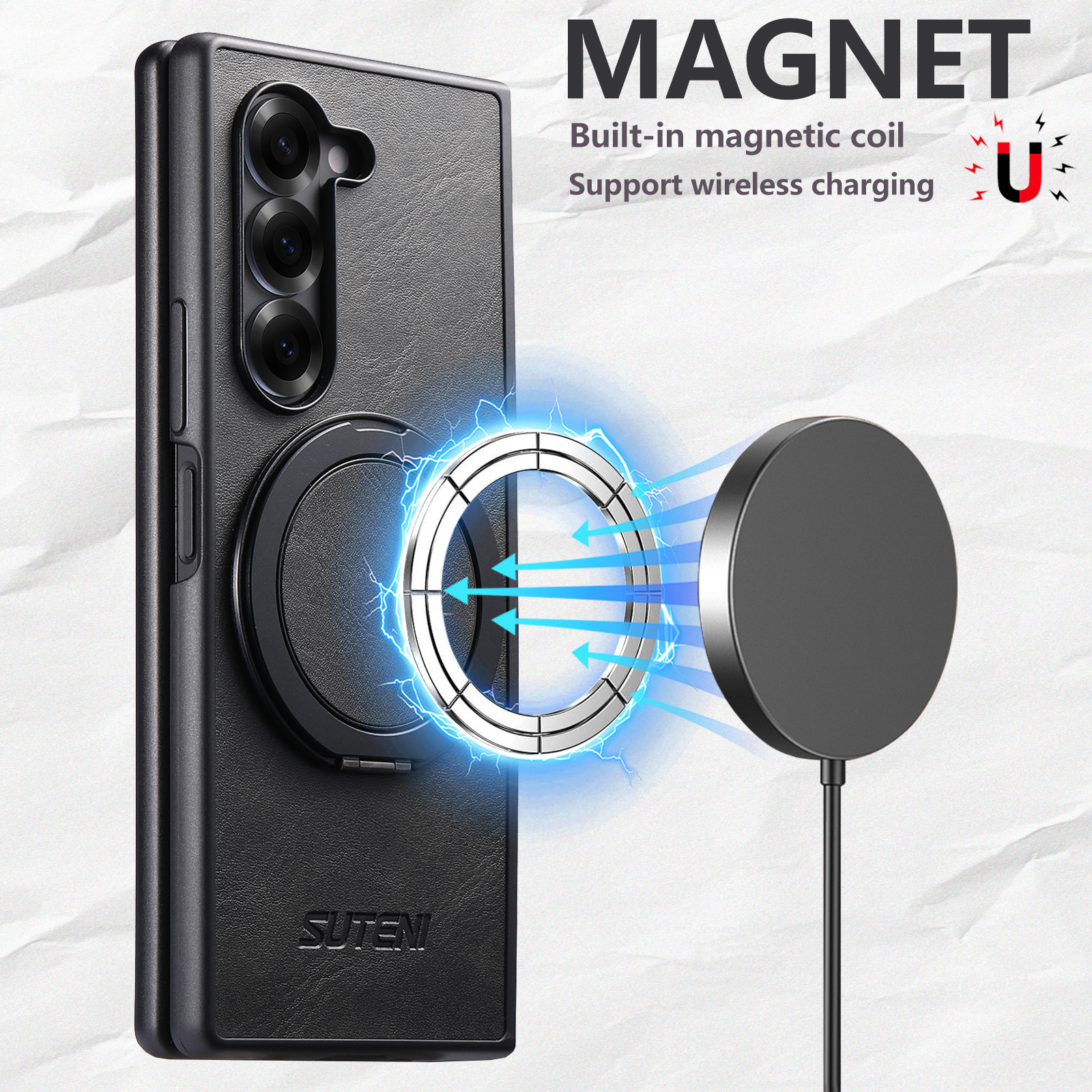 SUTENI G3YL Magnet Wireless Charging Phone Case Oil Wax Faux Leather 360° Rotating Stand Buckle For Samsung Galaxy Z Fold 8 Ultra 7 6 5
