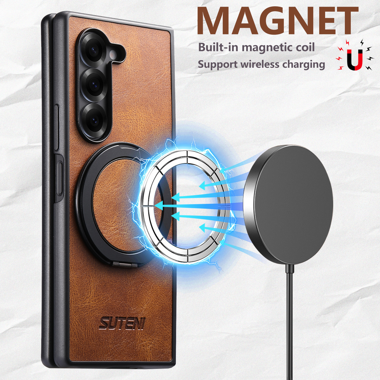 SUTENI G3YL Magnet Wireless Charging Phone Case Oil Wax Faux Leather 360° Rotating Stand Buckle For Samsung Galaxy Z Fold 7 6 5