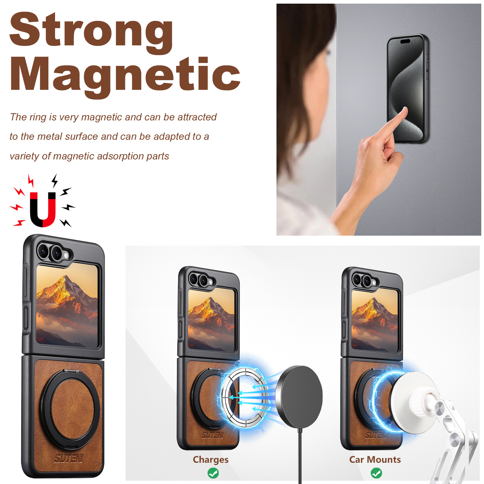 SUTENI Magnet Wireless Charging G3YL Phone Case Oil Wax Faux Leather 360° Rotating Stand Buckle For Samsung Galaxy Z Flip 7 6 5