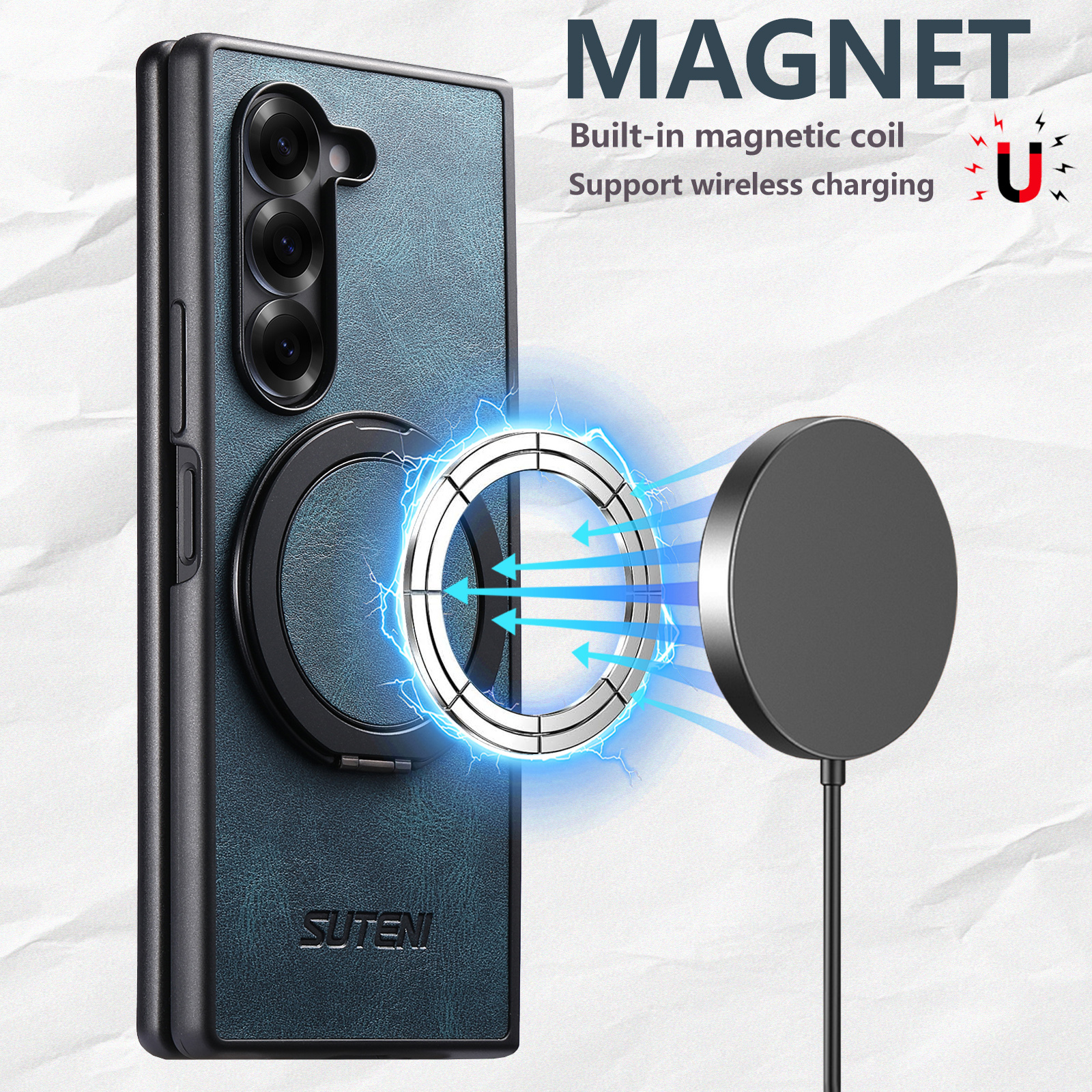 SUTENI G3YL Magnet Wireless Charging Phone Case Oil Wax Faux Leather 360° Rotating Stand Buckle For Samsung Galaxy Z Fold 8 Ultra 7 6 5