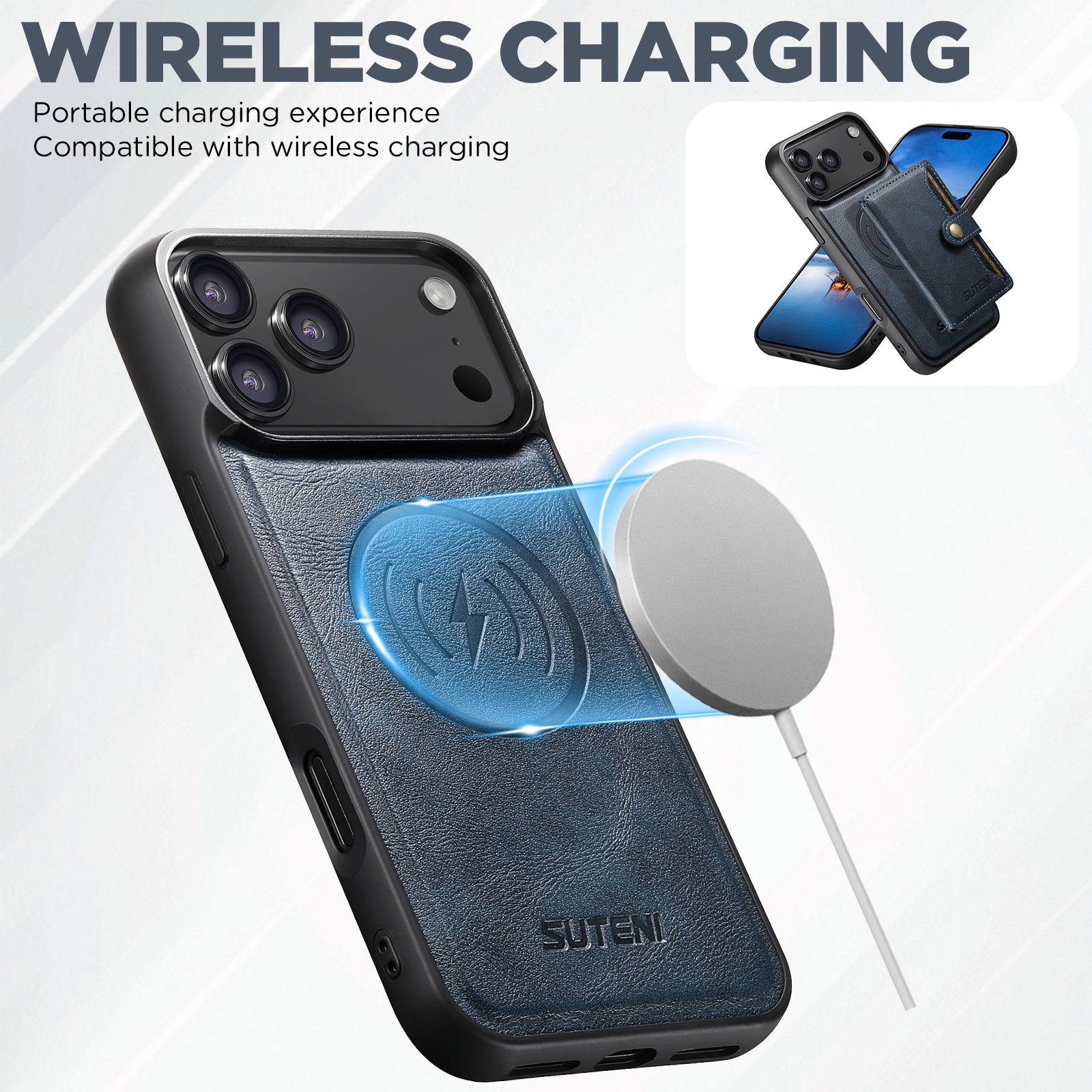 SUTENI M4 Wireless Charging Luxury Faux Leather Magnet Phone Case Card Holder Stand For iPhone 17 Pro Max 16 Plus 15 14 13 12
