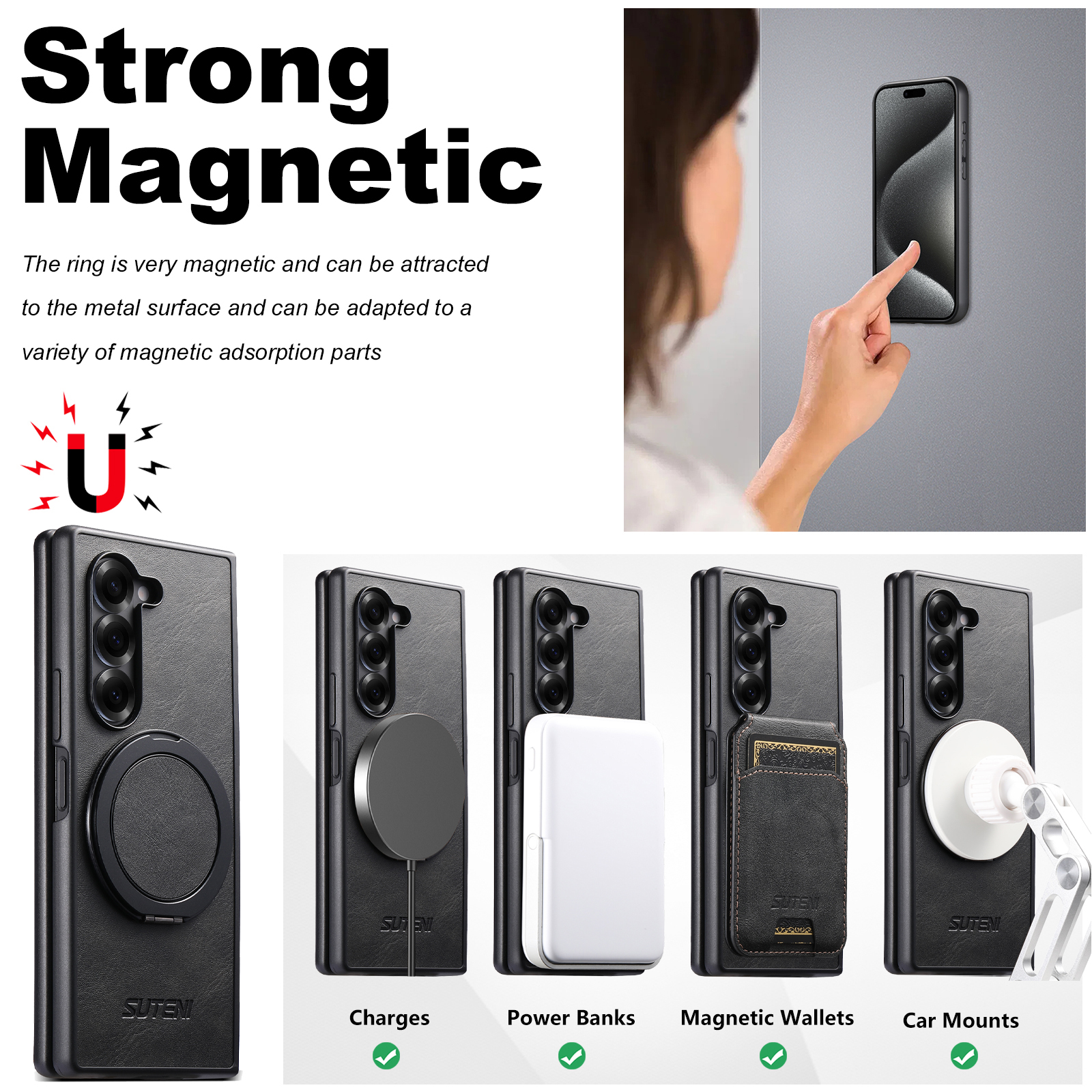 SUTENI G3YL Magnet Wireless Charging Phone Case Oil Wax Faux Leather 360° Rotating Stand Buckle For Samsung Galaxy Z Fold 8 Ultra 7 6 5