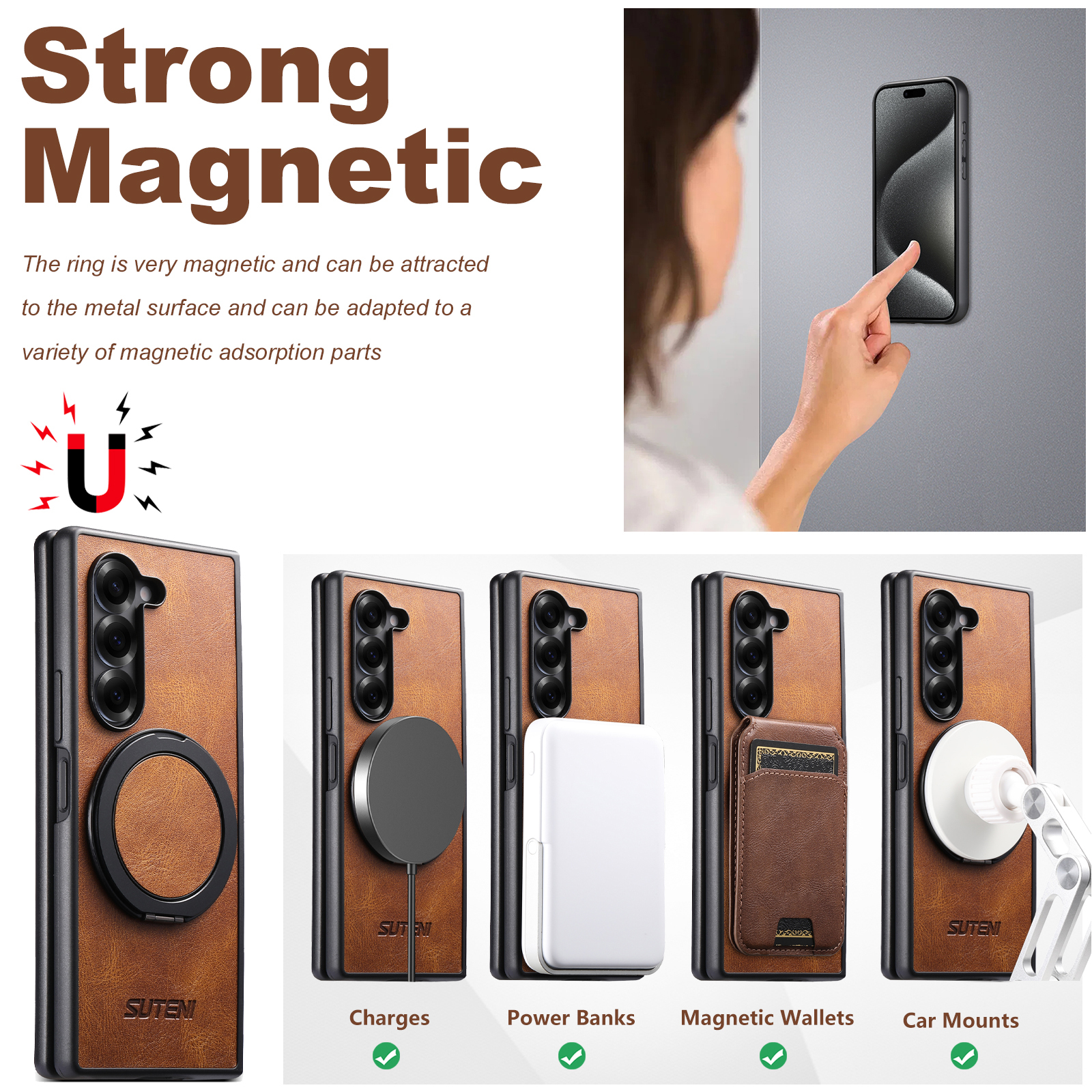SUTENI G3YL Magnet Wireless Charging Phone Case Oil Wax Faux Leather 360° Rotating Stand Buckle For Samsung Galaxy Z Fold 7 6 5