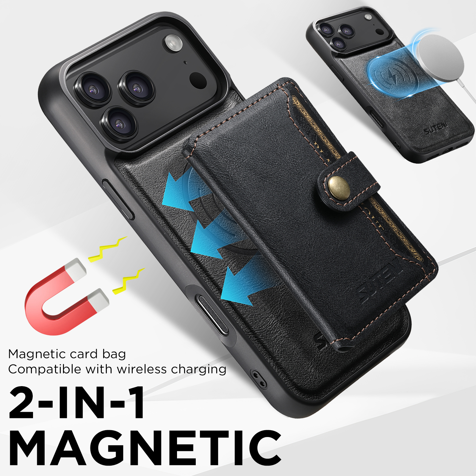 SUTENI M4 Wireless Charging Luxury Faux Leather Magnet Phone Case Card Holder Stand For iPhone 17 Pro Max 16 Plus 15 14 13 12