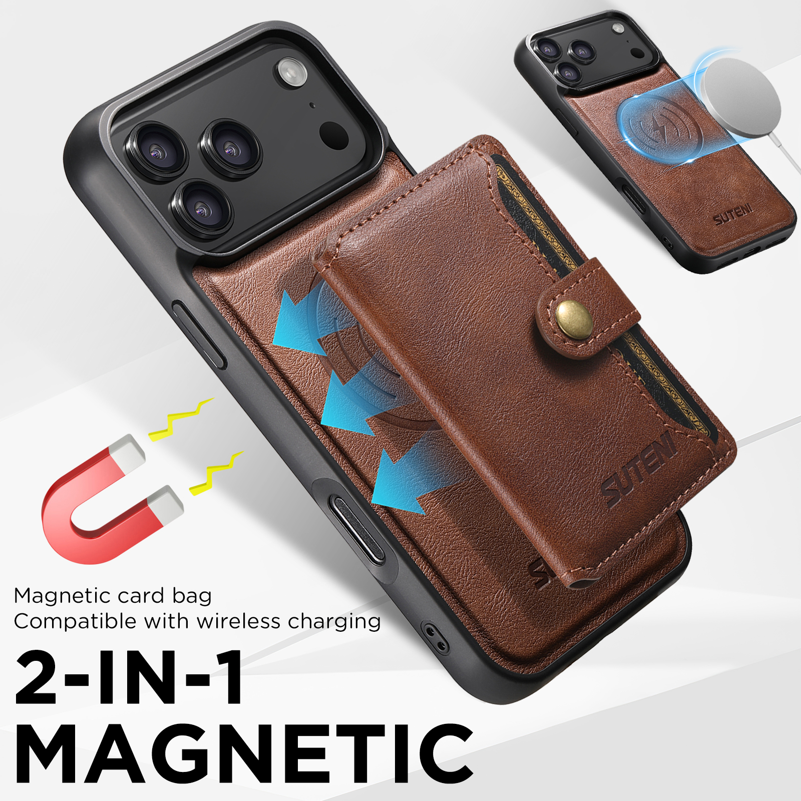 SUTENI M4 Wireless Charging Luxury Faux Leather Magnet Phone Case Card Holder Stand For iPhone 17 Pro Max 16 Plus 15 14 13 12