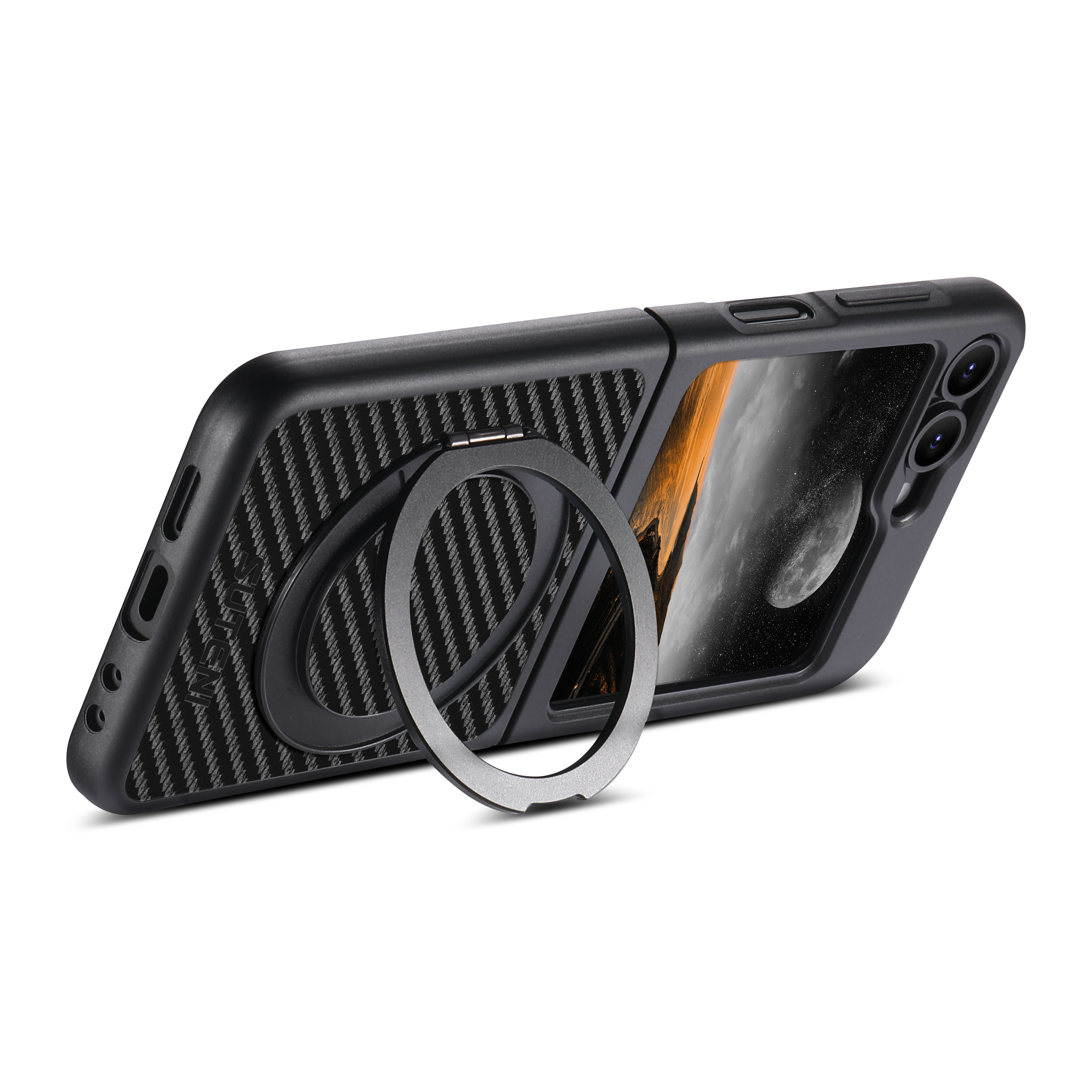 SUTENI G3TXW Mobile Phone Case Magnet Wireless Charging 360° Rotating Stand Faux Leather Ring Buckle For Samsung Galaxy Z Flip 7 6 5