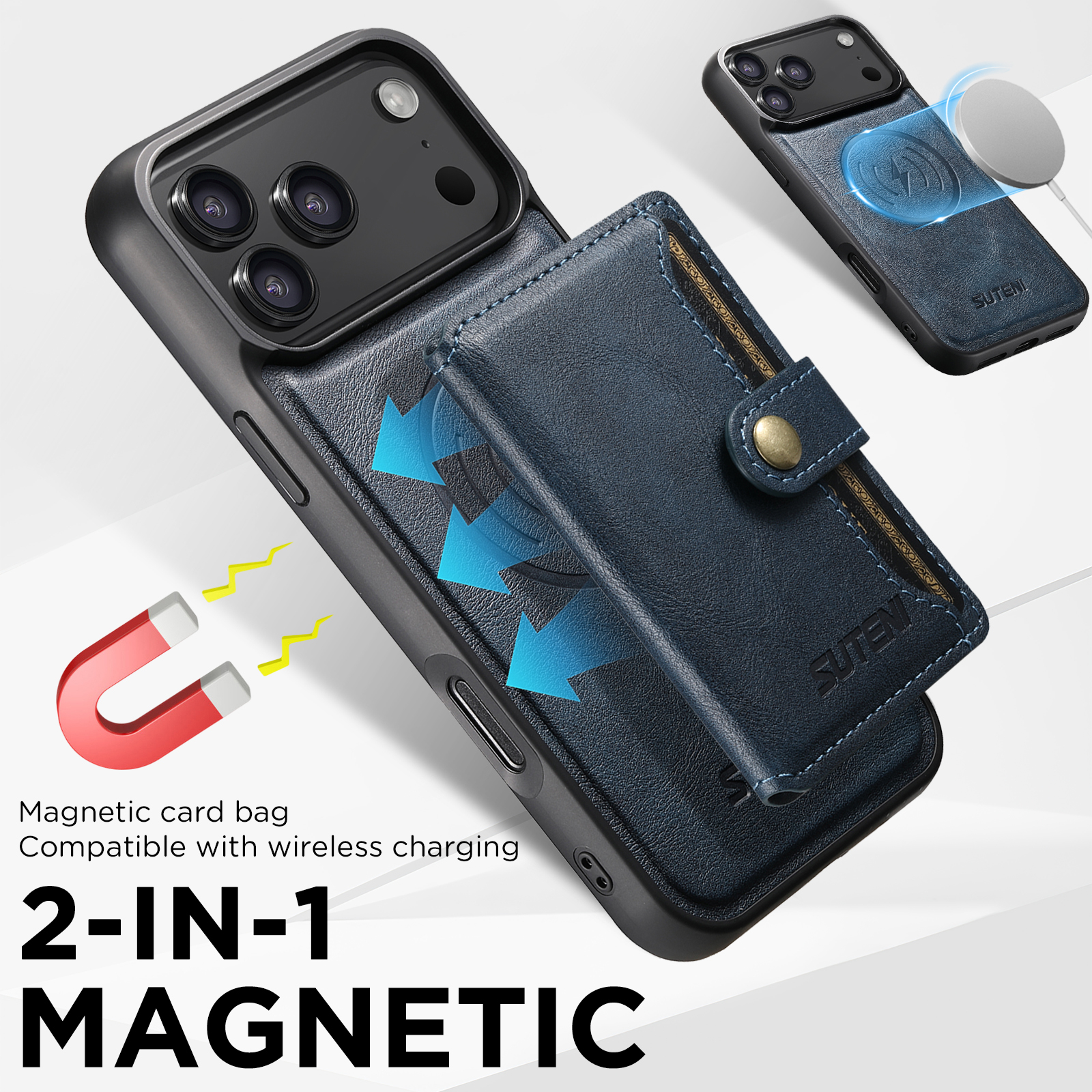 SUTENI M4 Wireless Charging Luxury Faux Leather Magnet Phone Case Card Holder Stand For iPhone 17 Pro Max 16 Plus 15 14 13 12