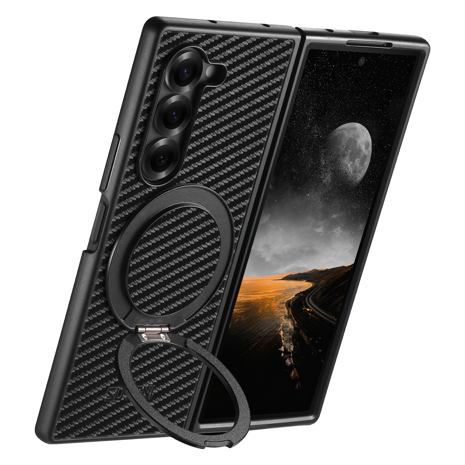 SUTENI G3TXW Mobile Phone Case Magnet Wireless Charging 360° Rotating Stand Faux Leather Ring Buckle For Samsung Galaxy Z Fold 7 6 5