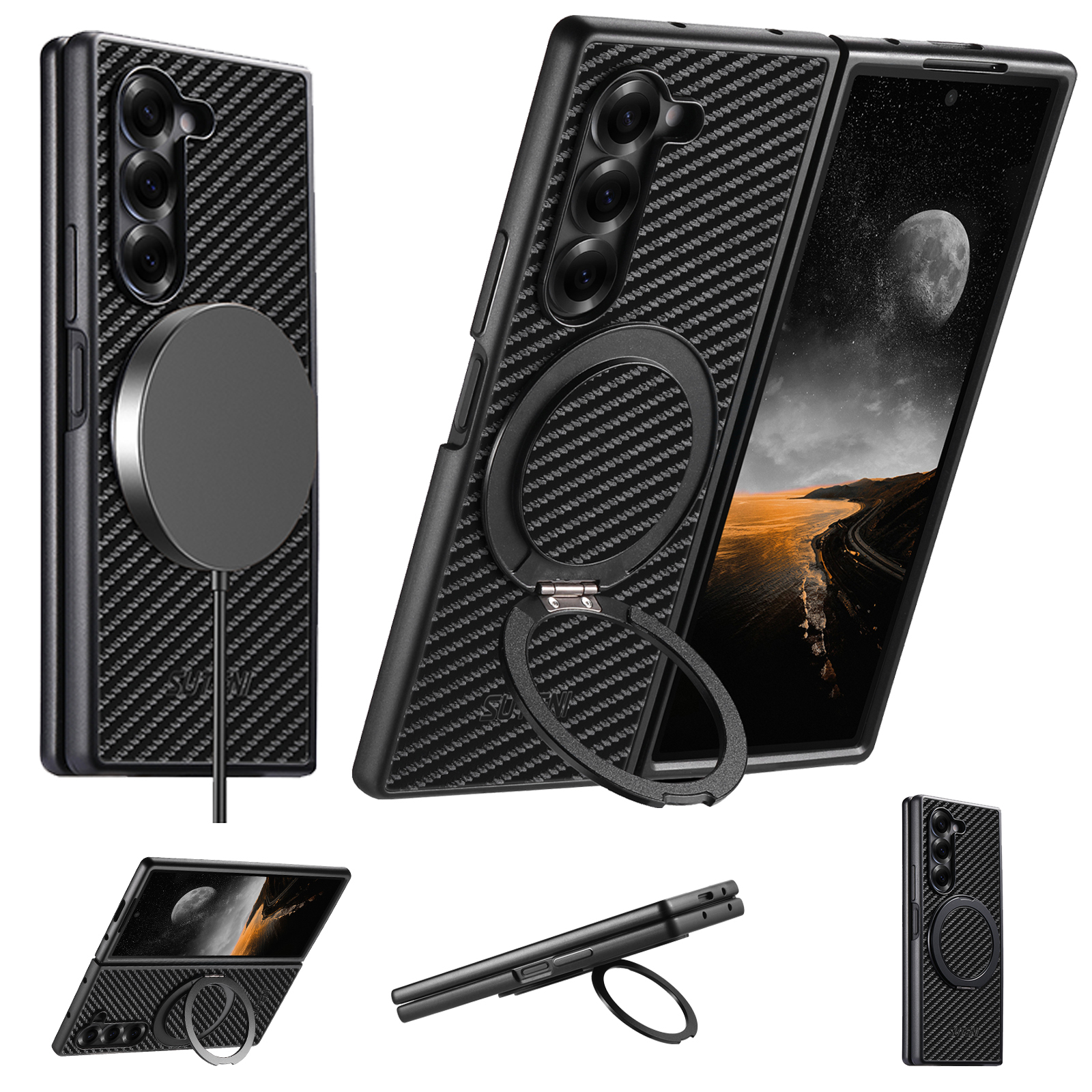 SUTENI G3TXW Mobile Phone Case Magnet Wireless Charging 360° Rotating Stand Faux Leather Ring Buckle For Samsung Galaxy Z Fold 7 6 5