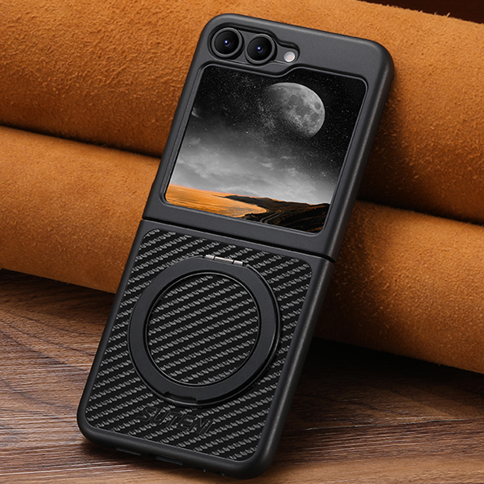 SUTENI G3TXW Mobile Phone Case Magnet Wireless Charging 360° Rotating Stand Faux Leather Ring Buckle For Samsung Galaxy Z Flip 7 6 5
