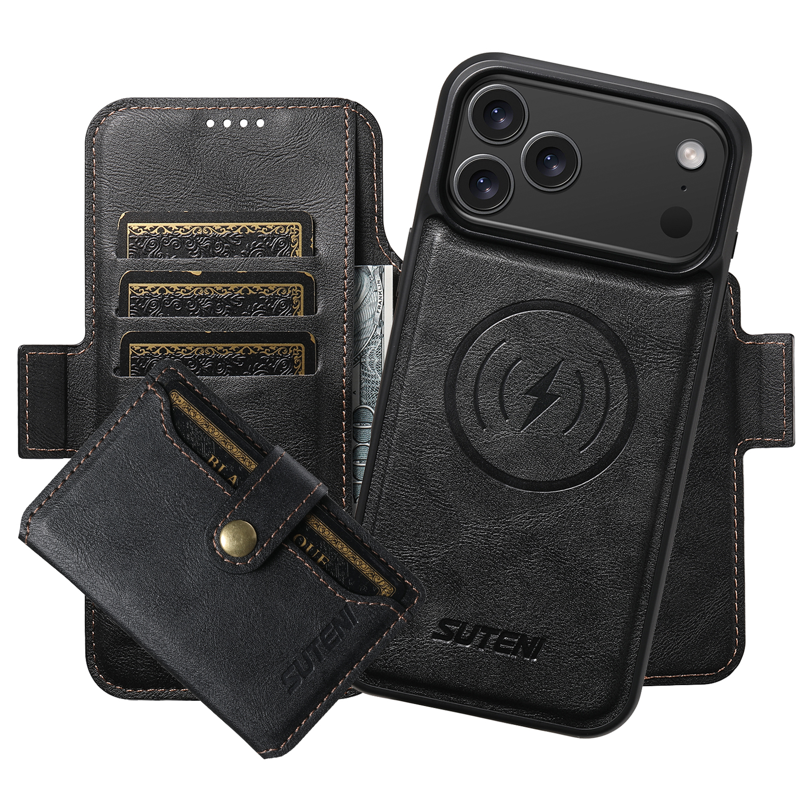 SUTENI Q06S1 Faux Leather Wireless Charging Card Holder Stand Wallet Magnetic Flip Cover Phone Case For iPhone 17 Pro Max 16 Plus 15 14 13 12