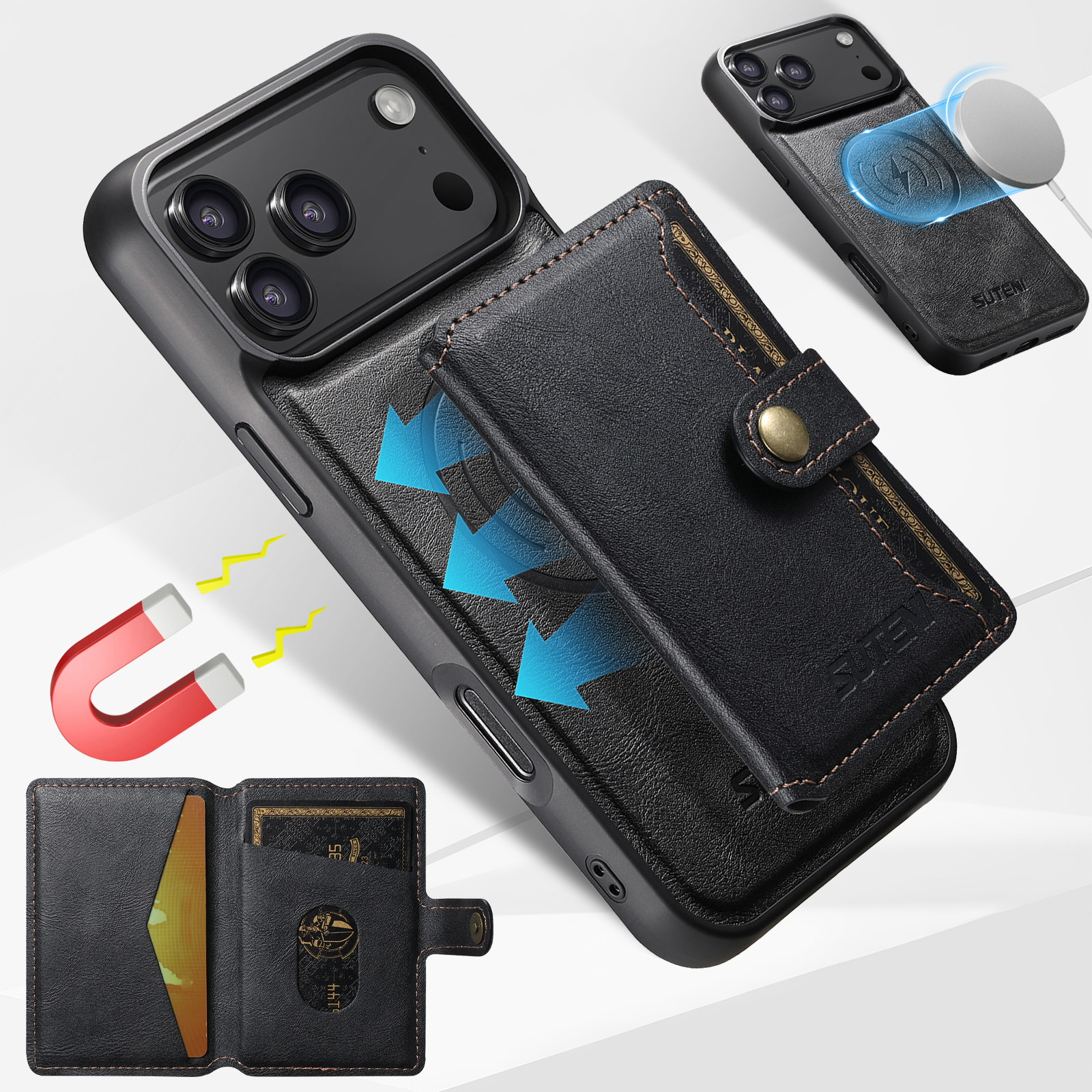 SUTENI M4 Wireless Charging Luxury Faux Leather Magnet Phone Case Card Holder Stand For iPhone 17 Pro Max 16 Plus 15 14 13 12