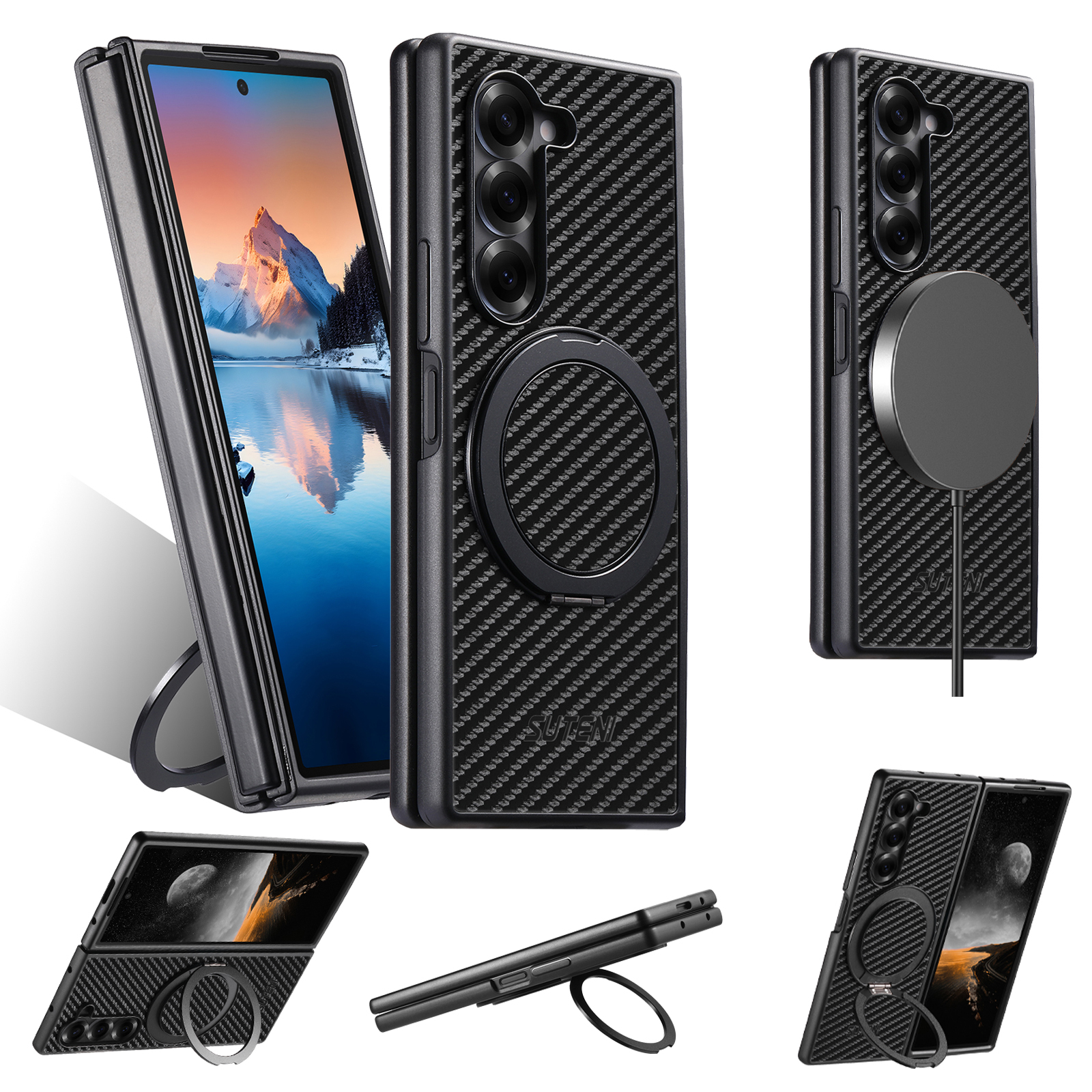 SUTENI G3TXW Mobile Phone Case Magnet Wireless Charging 360° Rotating Stand Faux Leather Ring Buckle For Samsung Galaxy Z Fold 7 6 5