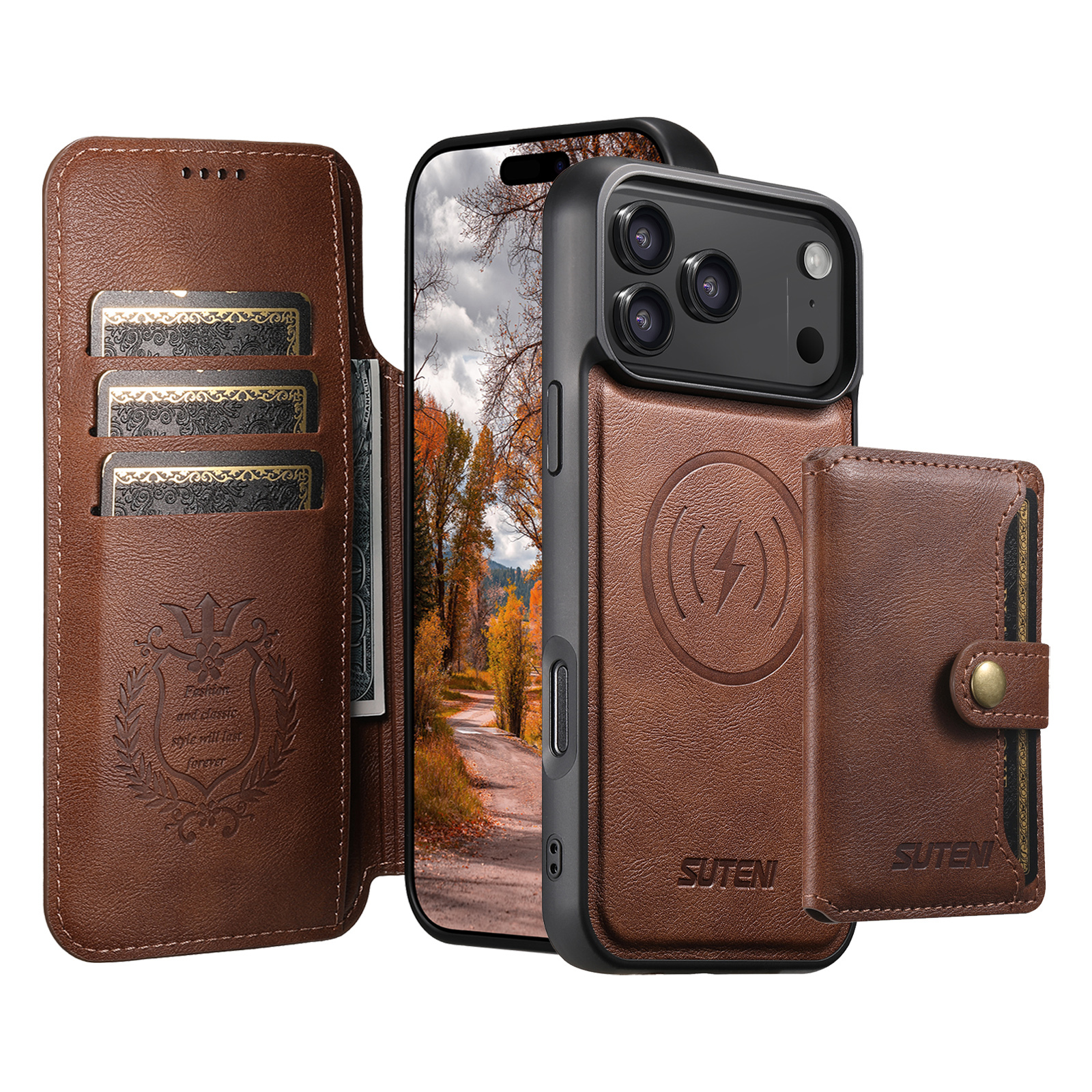 SUTENI Q05S1 Faux Leather Wireless Charging Card Holder Stand Wallet Magnetic Flip Cover Phone Case For iPhone 17 Pro Max 16 Plus 15 14 13 12