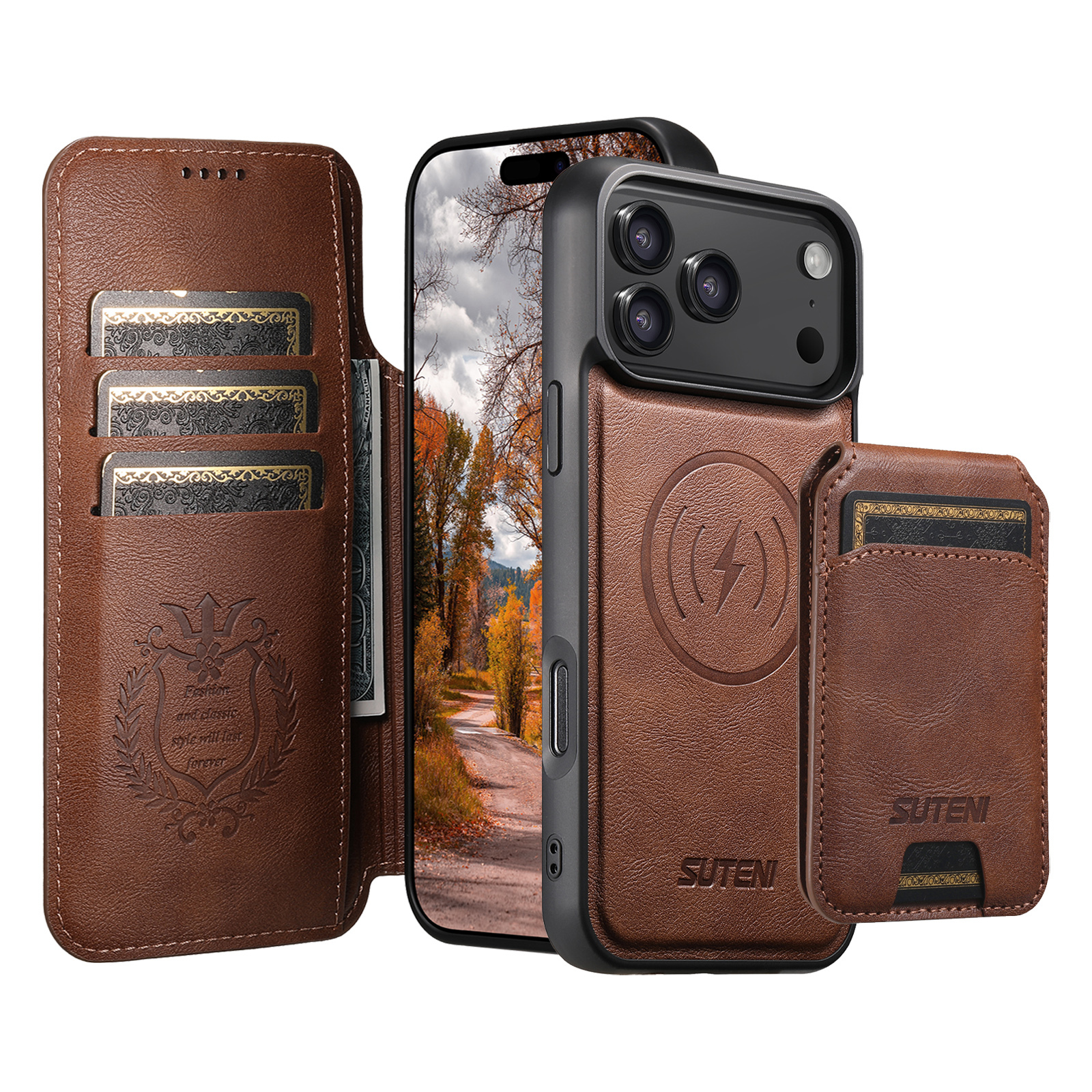 SUTENI Q05S2 Faux Leather Wireless Charging Card Holder Stand Wallet Magnetic Flip Cover Phone Case For iPhone 17 Pro Max 16 Plus 15 14 13 12