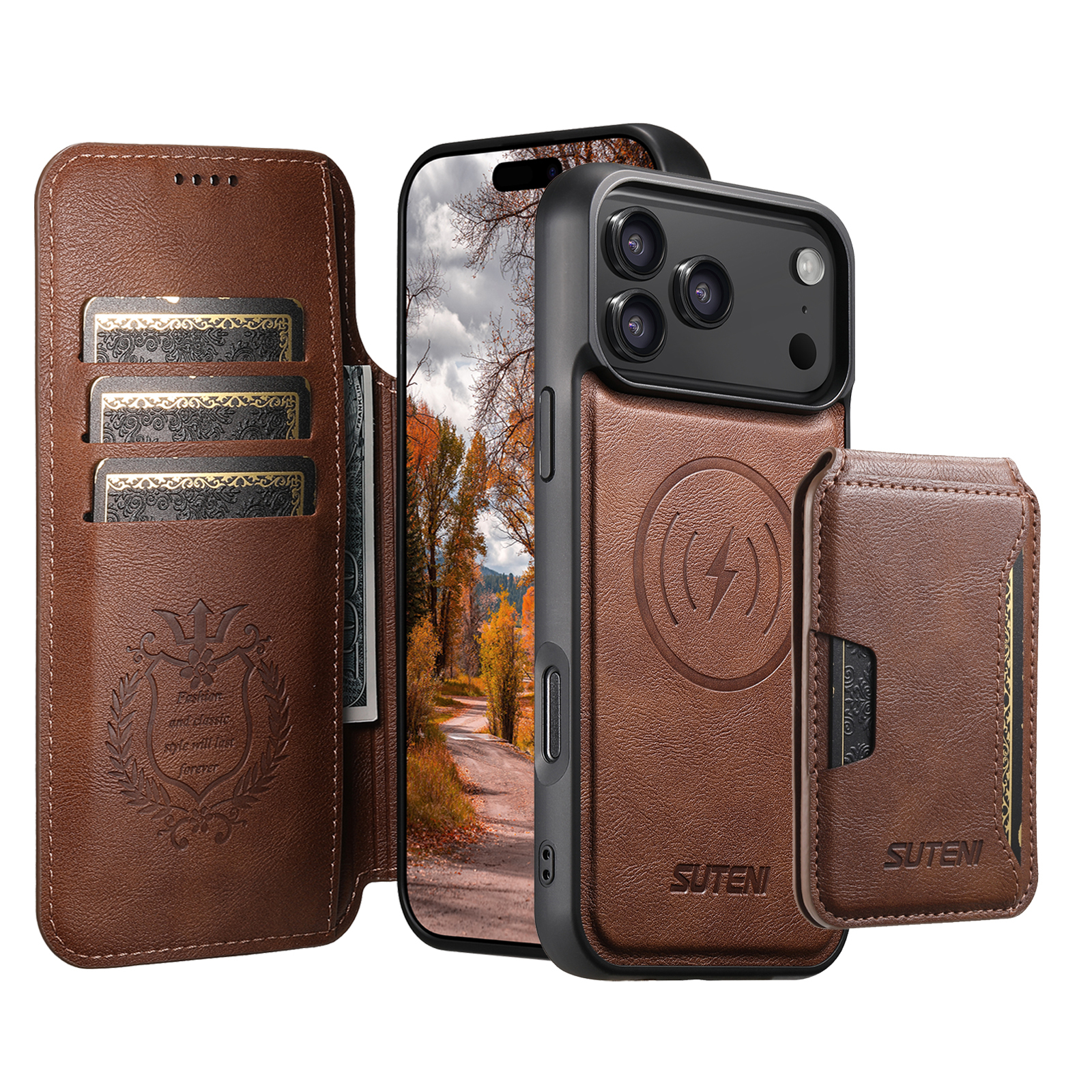 SUTENI Q05S3 Faux Leather Wireless Charging Card Holder Stand Wallet Magnetic Flip Cover Phone Case For iPhone 17 Pro Max 16 Plus 15 14 13 12