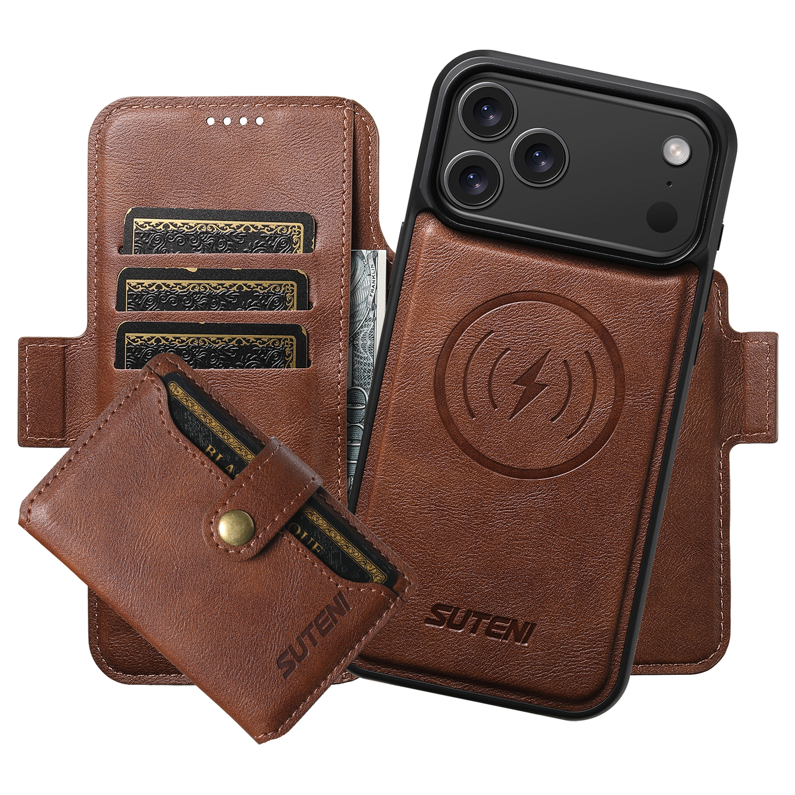 SUTENI Q06S1 Faux Leather Wireless Charging Card Holder Stand Wallet Magnetic Flip Cover Phone Case For iPhone 17 Pro Max 16 Plus 15 14 13 12