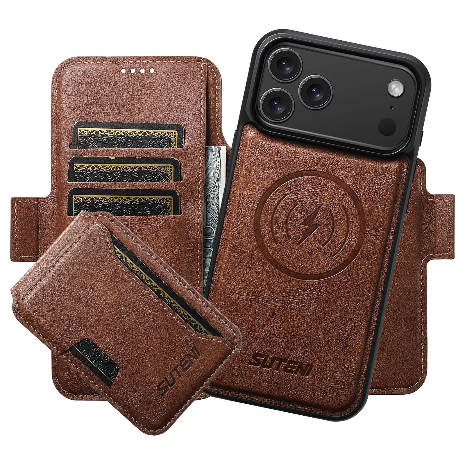 SUTENI Q06S3 Faux Leather Wireless Charging Card Holder Stand Wallet Magnetic Flip Cover Phone Case For iPhone 17 Pro Max 16 Plus 15 14 13 12