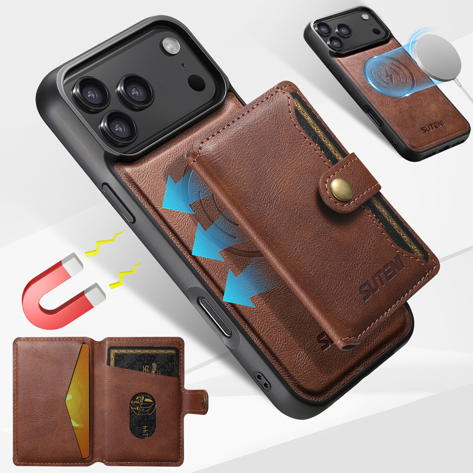 SUTENI M4 Wireless Charging Luxury Faux Leather Magnet Phone Case Card Holder Stand For iPhone 17 Pro Max 16 Plus 15 14 13 12