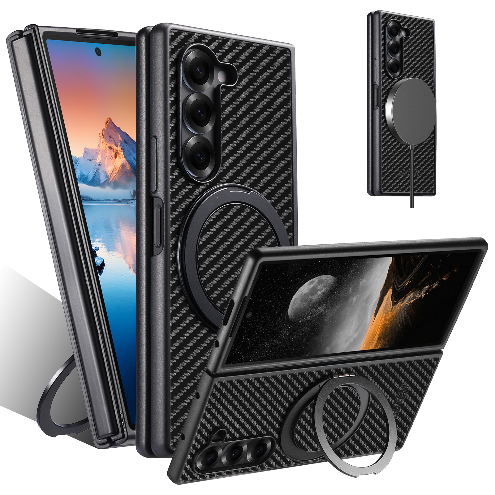 SUTENI G3TXW Mobile Phone Case Magnet Wireless Charging 360° Rotating Stand Faux Leather Ring Buckle For Samsung Galaxy Z Fold 7 6 5