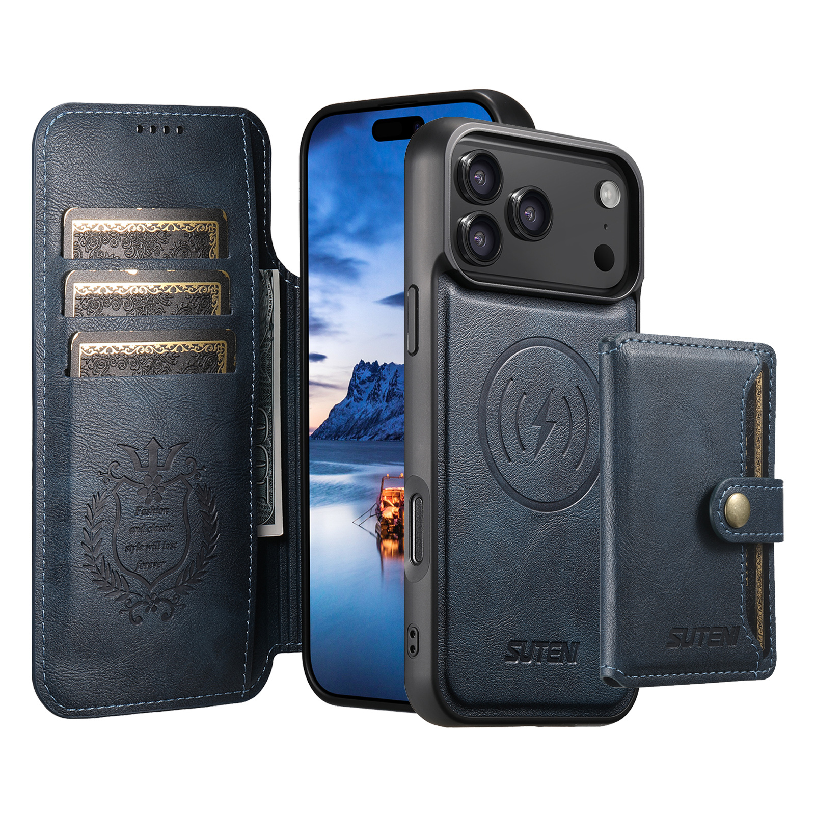 SUTENI Q05S1 Faux Leather Wireless Charging Card Holder Stand Wallet Magnetic Flip Cover Phone Case For iPhone 17 Pro Max 16 Plus 15 14 13 12