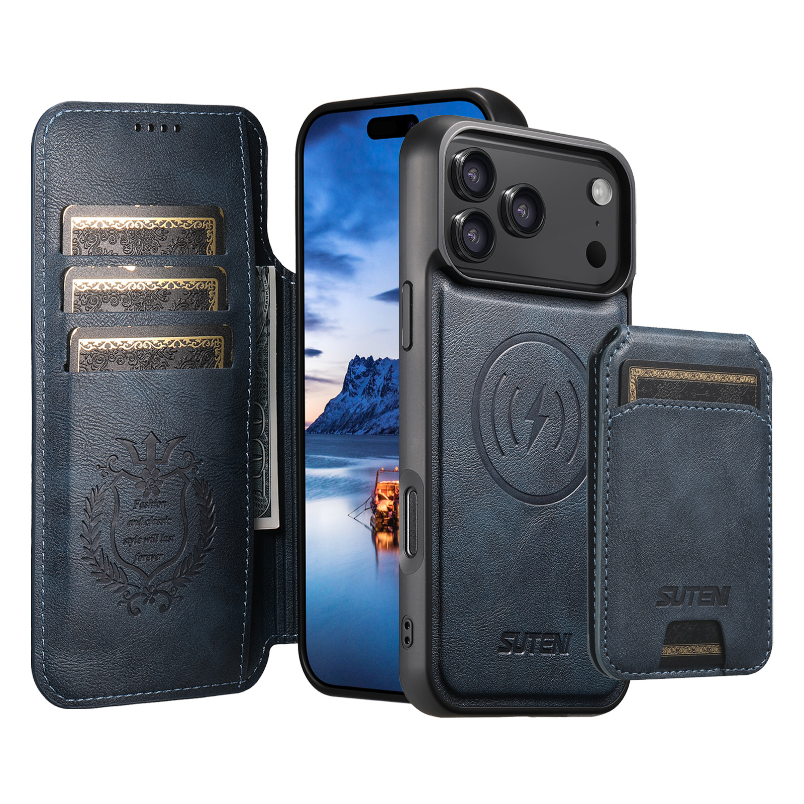 SUTENI Q05S2 Faux Leather Wireless Charging Card Holder Stand Wallet Magnetic Flip Cover Phone Case For iPhone 17 Pro Max 16 Plus 15 14 13 12