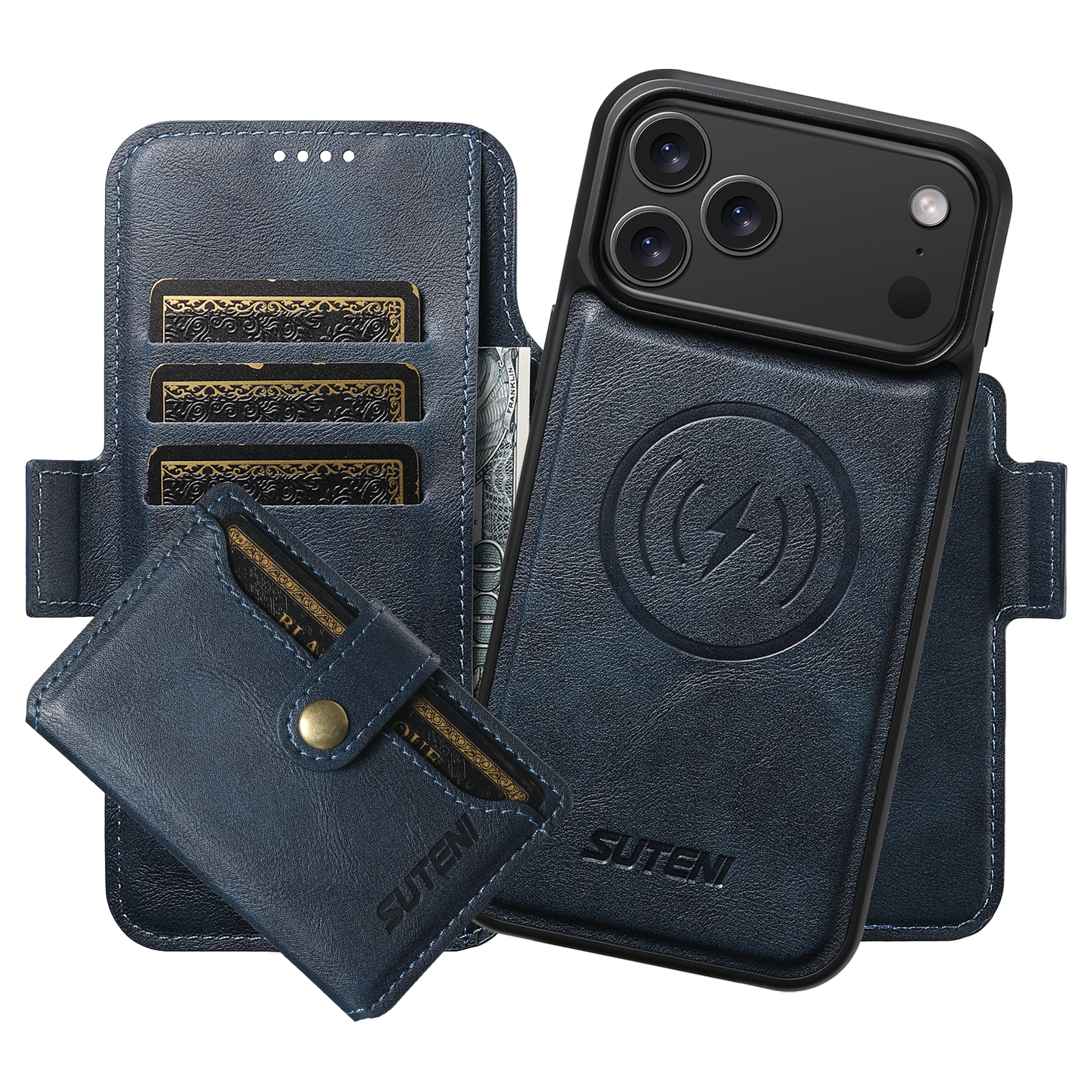 SUTENI Q06S1 Faux Leather Wireless Charging Card Holder Stand Wallet Magnetic Flip Cover Phone Case For iPhone 17 Pro Max 16 Plus 15 14 13 12