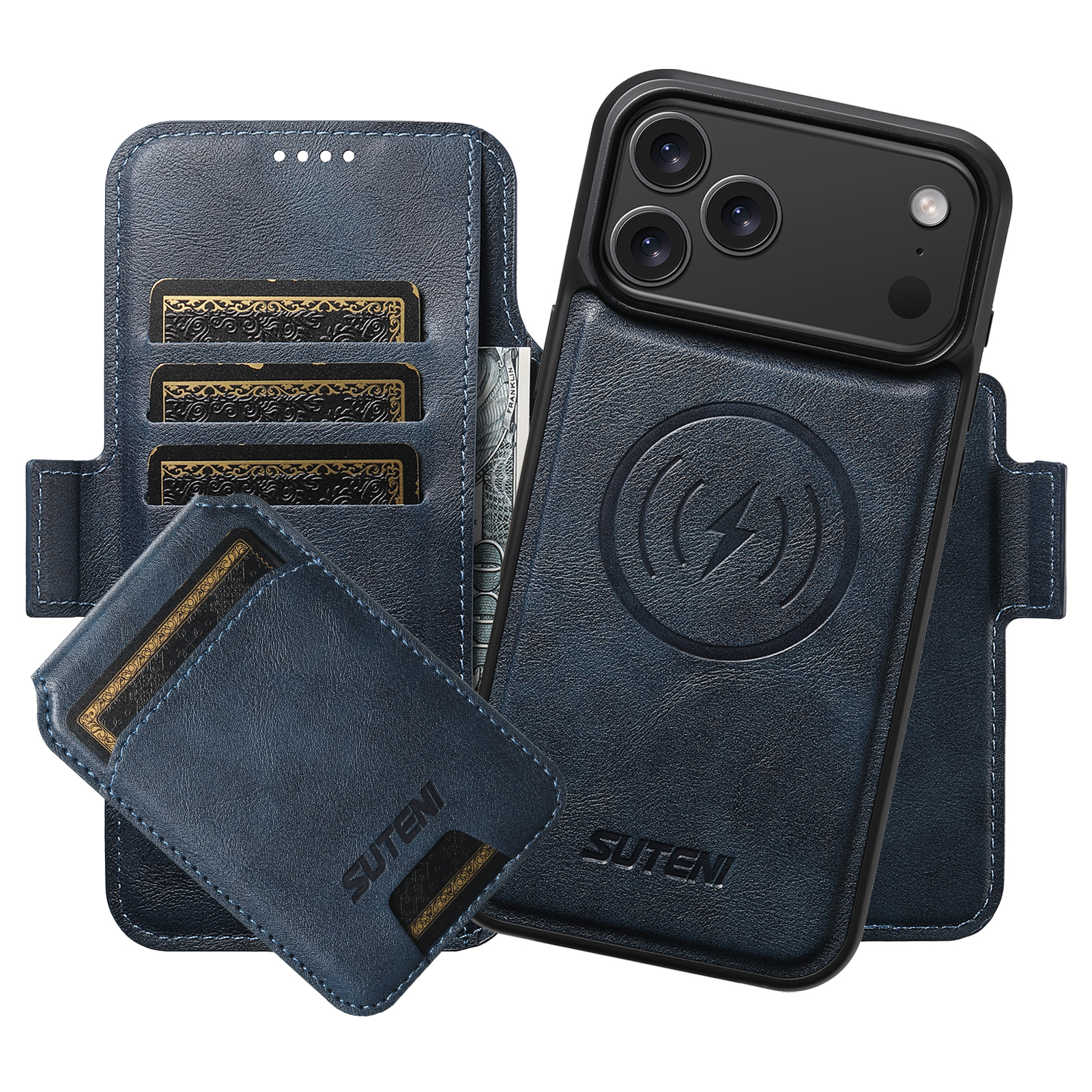 SUTENI Q06S2 Faux Leather Wireless Charging Card Holder Stand Wallet Magnetic Flip Cover Phone Case For iPhone 17 Pro Max 16 Plus 15 14 13 12