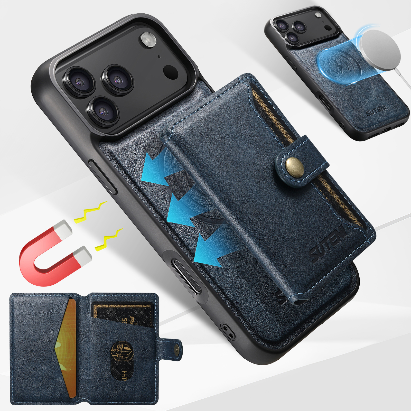 SUTENI M4 Wireless Charging Luxury Faux Leather Magnet Phone Case Card Holder Stand For iPhone 17 Pro Max 16 Plus 15 14 13 12