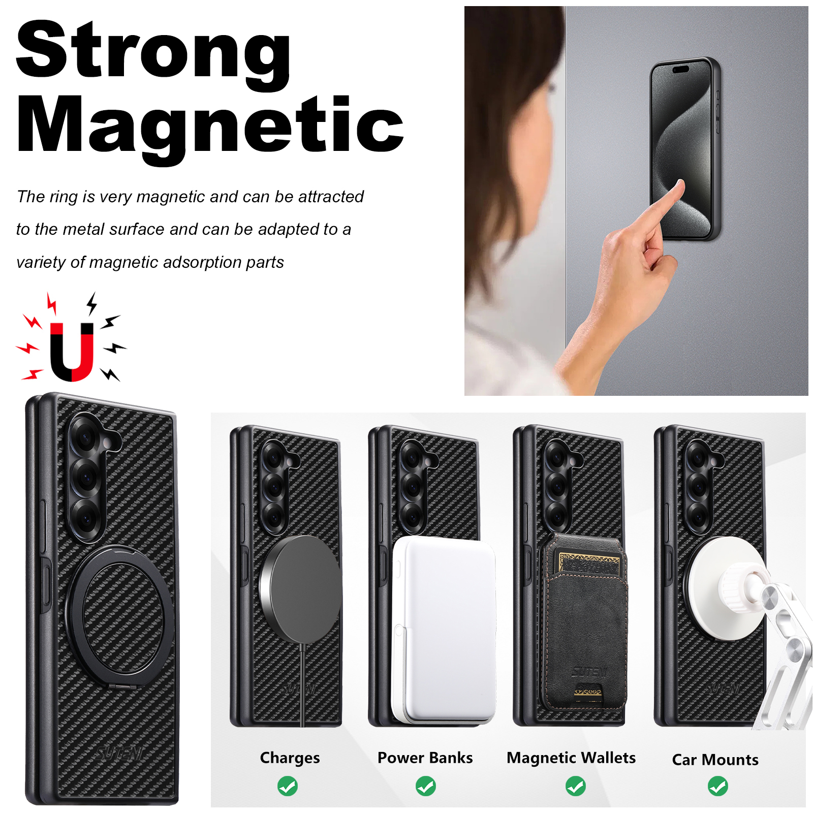 SUTENI G3TXW Mobile Phone Case Magnet Wireless Charging 360° Rotating Stand Faux Leather Ring Buckle For Samsung Galaxy Z Fold 7 6 5
