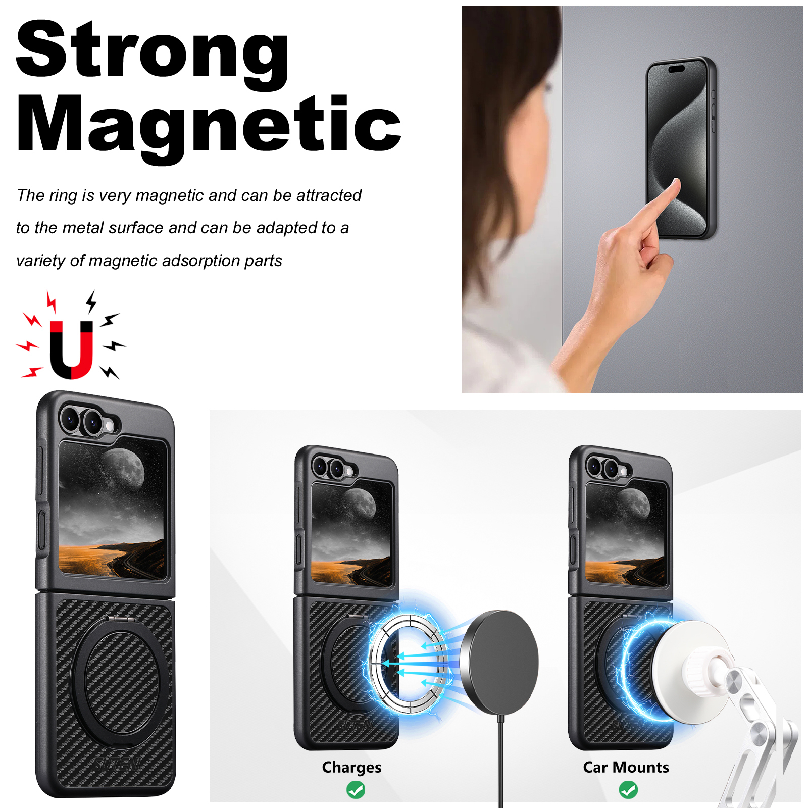 SUTENI G3TXW Mobile Phone Case Magnet Wireless Charging 360° Rotating Stand Faux Leather Ring Buckle For Samsung Galaxy Z Flip 7 6 5