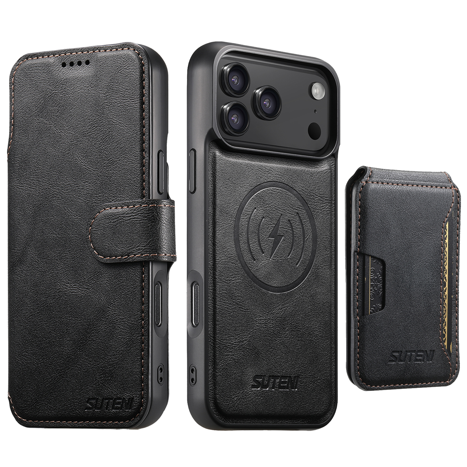 SUTENI Q05S3 Faux Leather Wireless Charging Card Holder Stand Wallet Magnetic Flip Cover Phone Case For iPhone 17 Pro Max 16 Plus 15 14 13 12