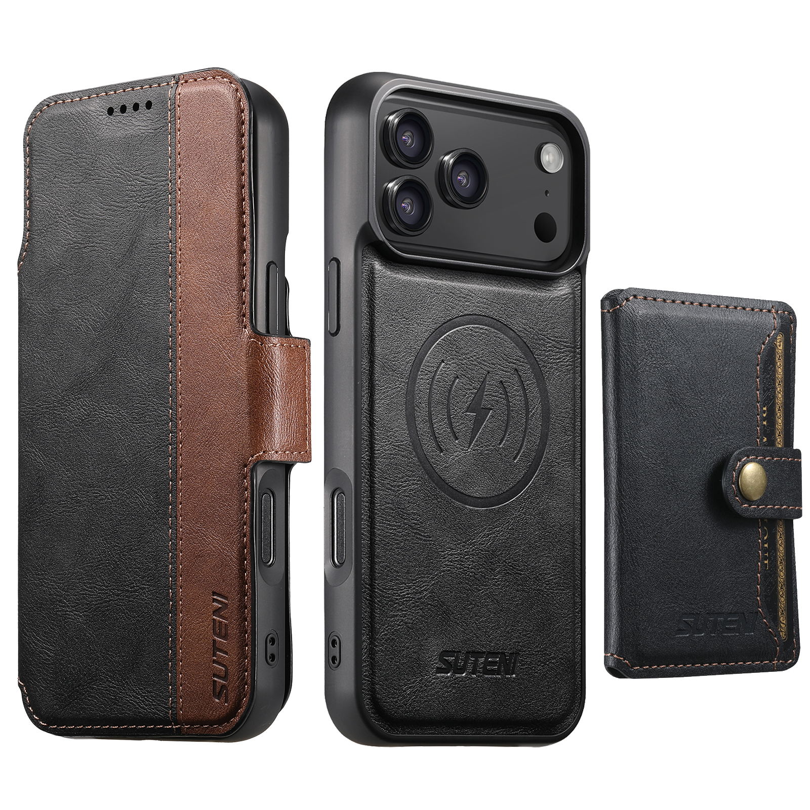 SUTENI Q07S1 Faux Leather Wireless Charging Card Holder Stand Wallet Magnetic Flip Cover Phone Case For iPhone 17 Pro Max 16 Plus 15 14 13 12