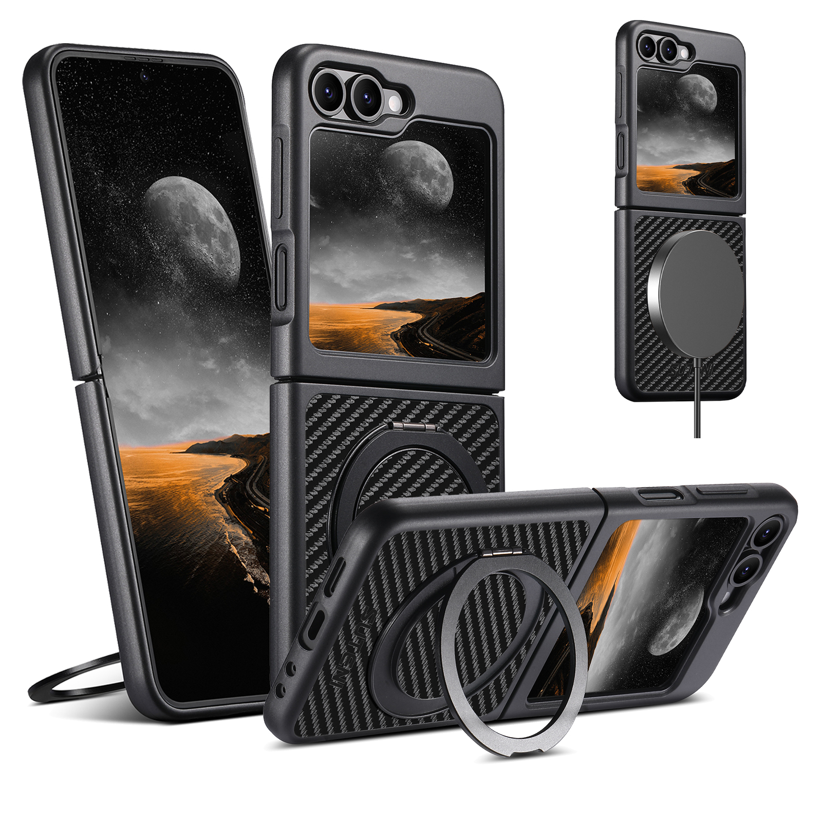 SUTENI G3TXW Mobile Phone Case Magnet Wireless Charging 360° Rotating Stand Faux Leather Ring Buckle For Samsung Galaxy Z Flip 7 6 5
