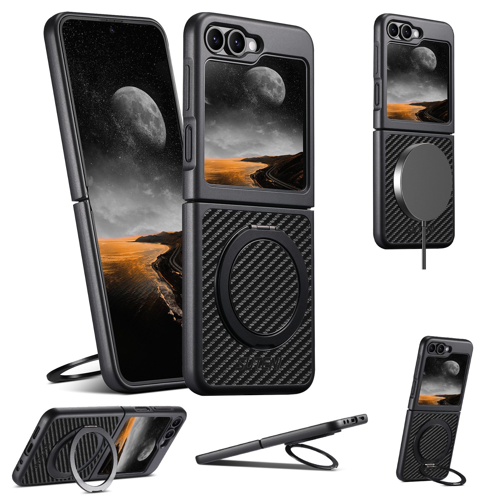 SUTENI G3TXW Mobile Phone Case Magnet Wireless Charging 360° Rotating Stand Faux Leather Ring Buckle For Samsung Galaxy Z Flip 7 6 5