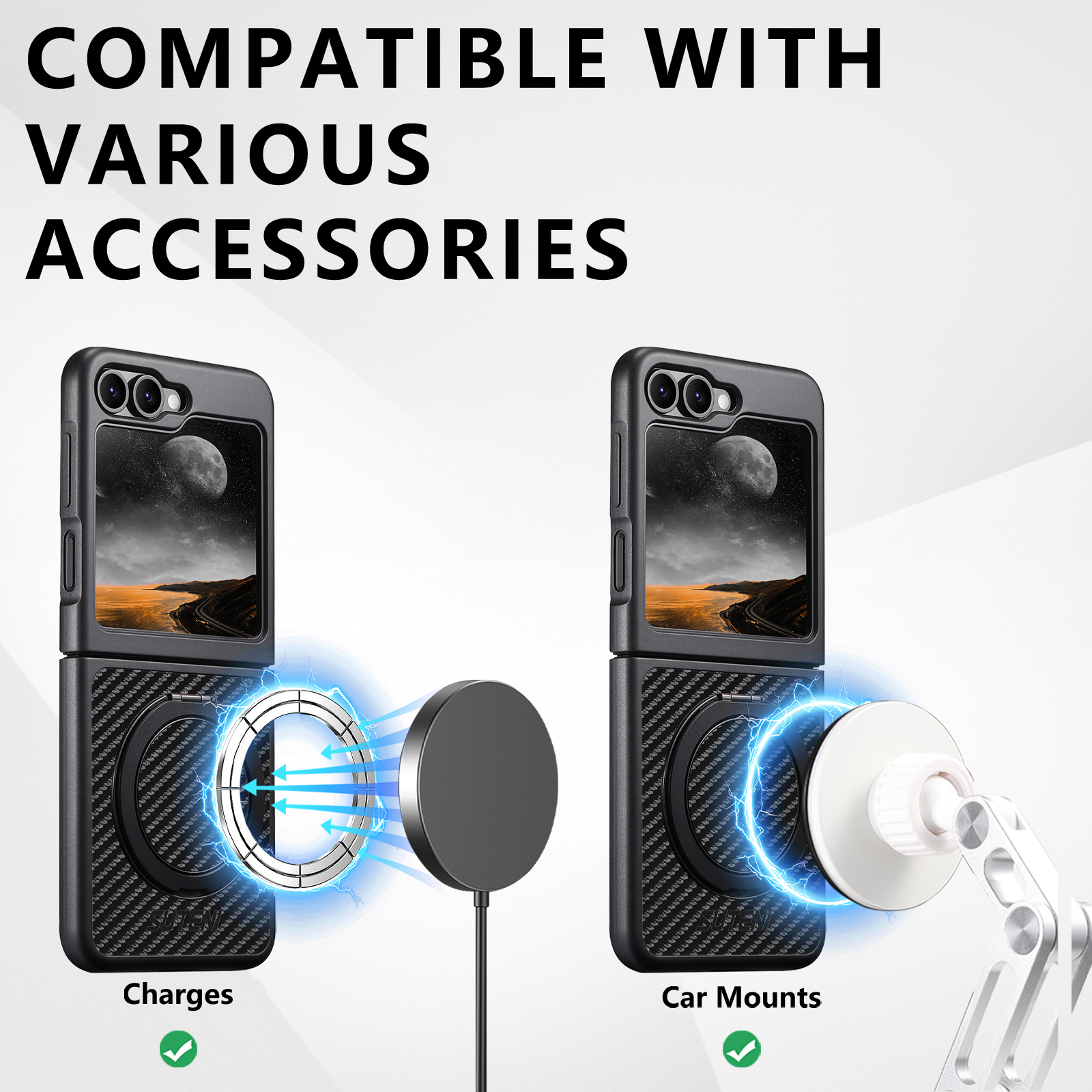SUTENI G3TXW Mobile Phone Case Magnet Wireless Charging 360° Rotating Stand Faux Leather Ring Buckle For Samsung Galaxy Z Flip 7 6 5