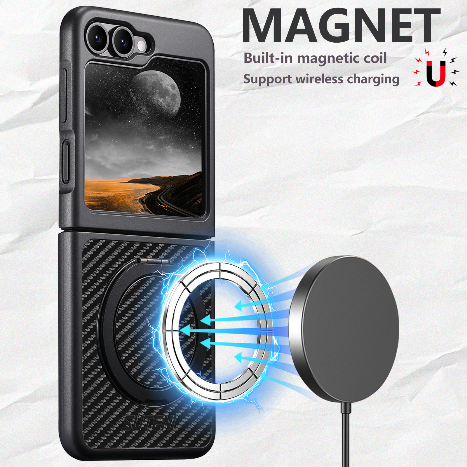 SUTENI G3TXW Mobile Phone Case Magnet Wireless Charging 360° Rotating Stand Faux Leather Ring Buckle For Samsung Galaxy Z Flip 7 6 5