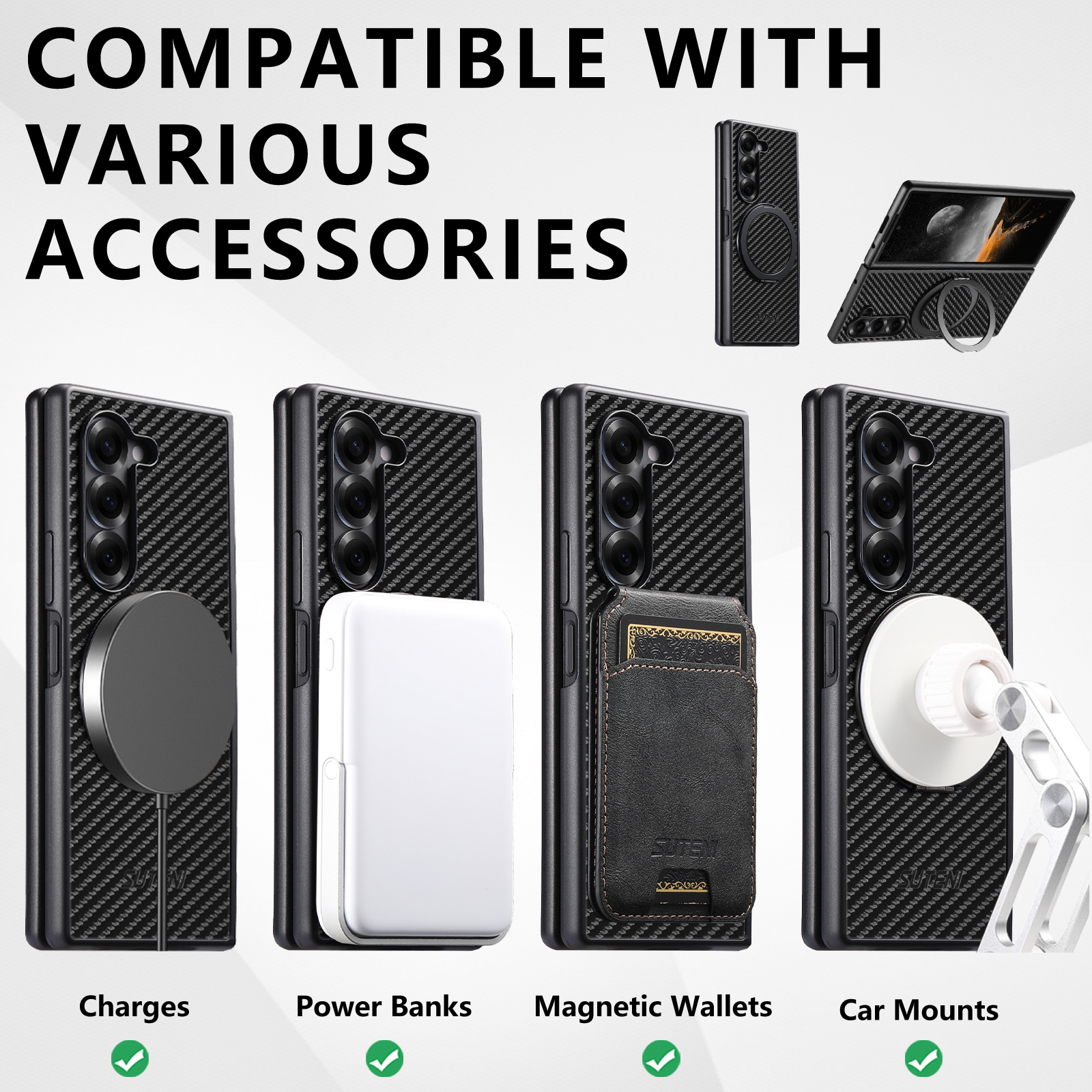 SUTENI G3TXW Mobile Phone Case Magnet Wireless Charging 360° Rotating Stand Faux Leather Ring Buckle For Samsung Galaxy Z Fold 7 6 5
