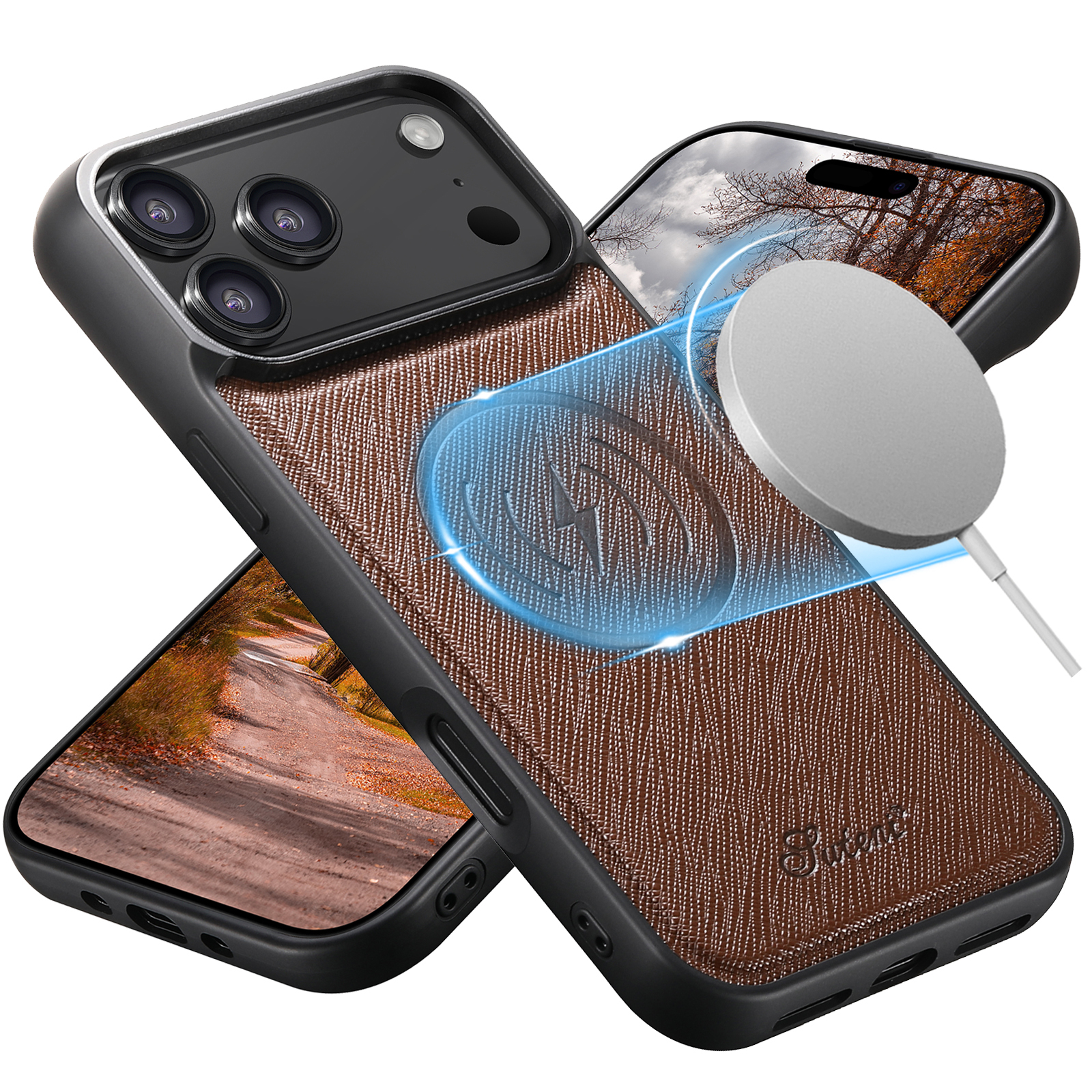 SUTENI H18SZ-DK Wireless Charging Phone Case Luxury Faux Leather Magnet For iPhone 17 Pro Max 16 Plus 15 14 13 12