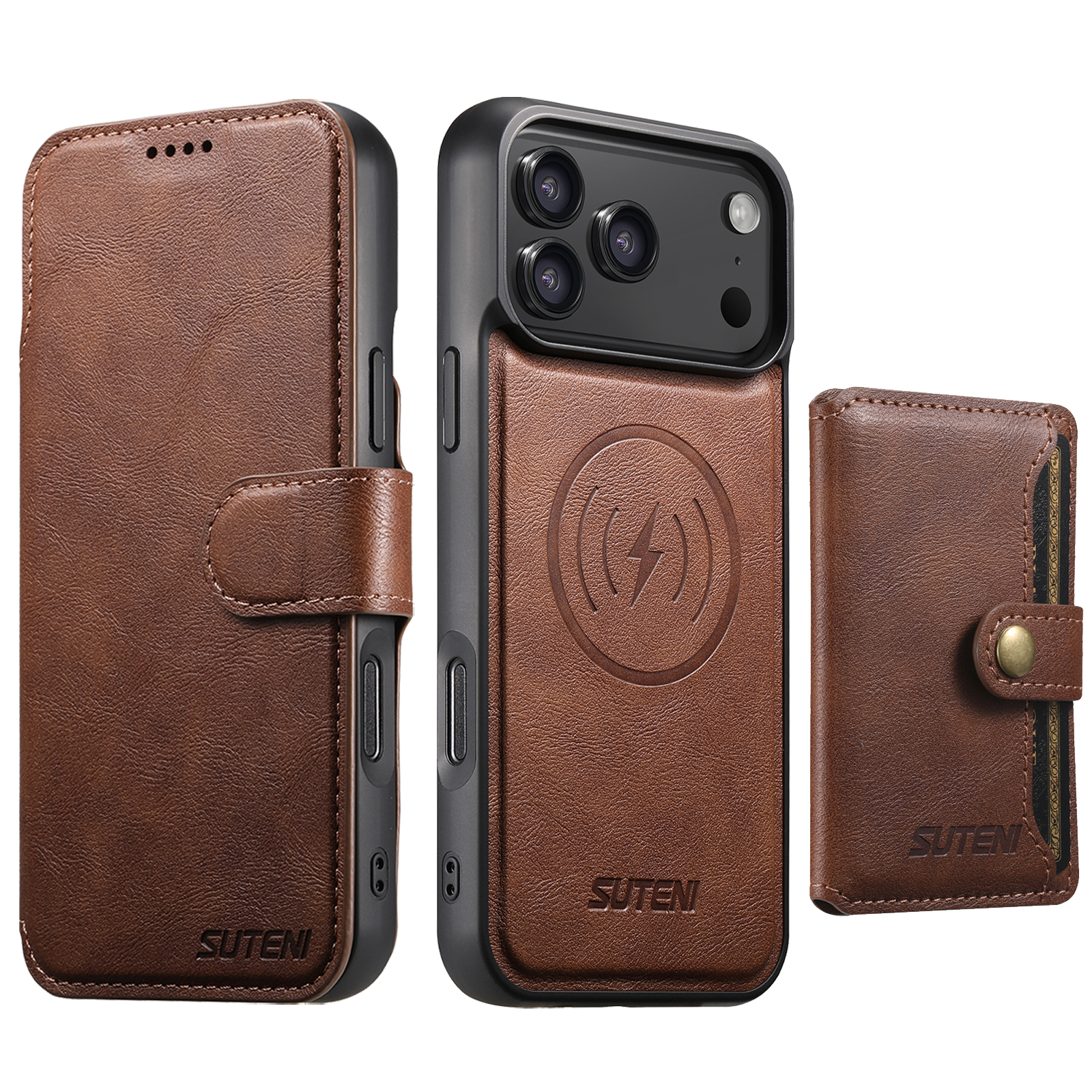 SUTENI Q05S1 Faux Leather Wireless Charging Card Holder Stand Wallet Magnetic Flip Cover Phone Case For iPhone 17 Pro Max 16 Plus 15 14 13 12