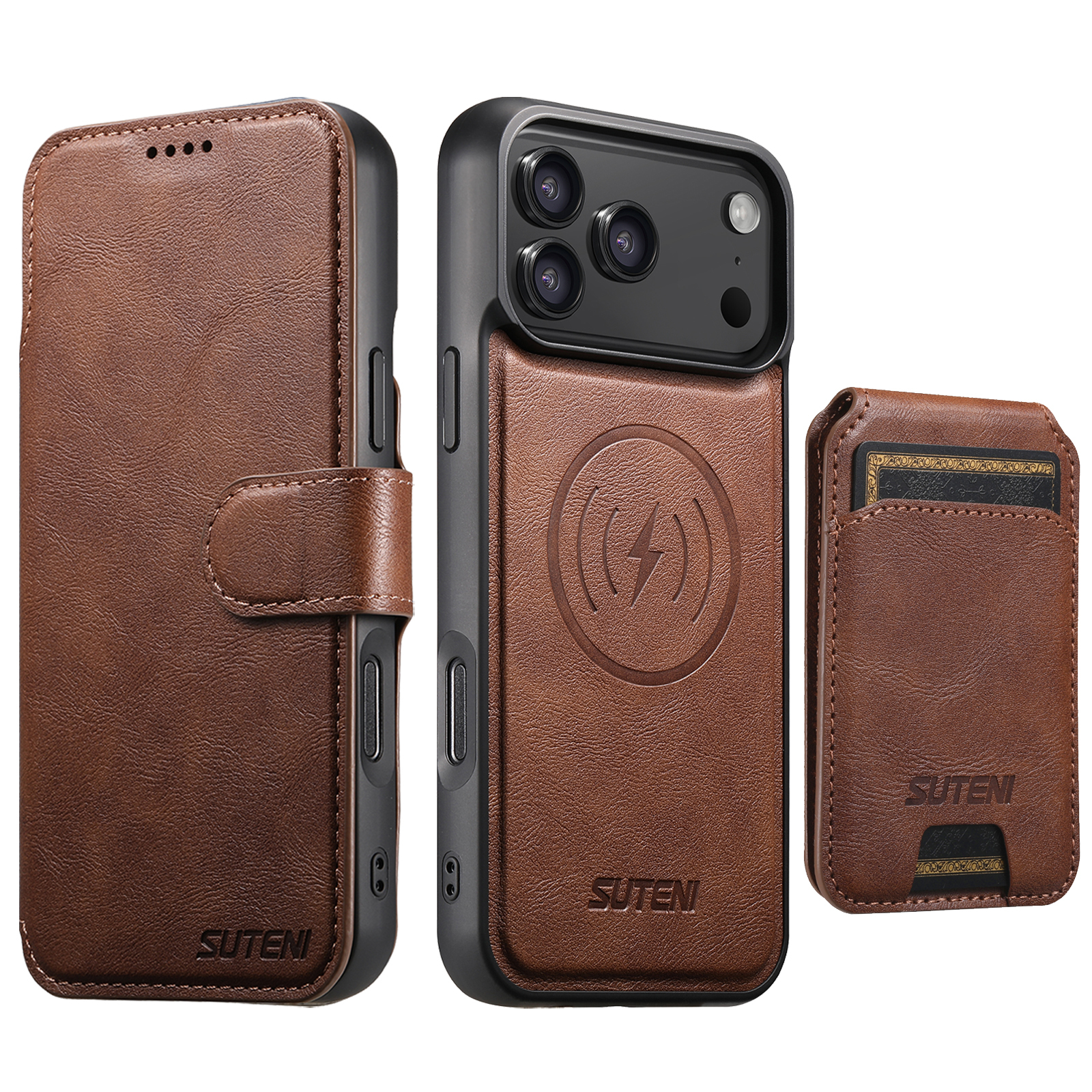 SUTENI Q05S2 Faux Leather Wireless Charging Card Holder Stand Wallet Magnetic Flip Cover Phone Case For iPhone 17 Pro Max 16 Plus 15 14 13 12