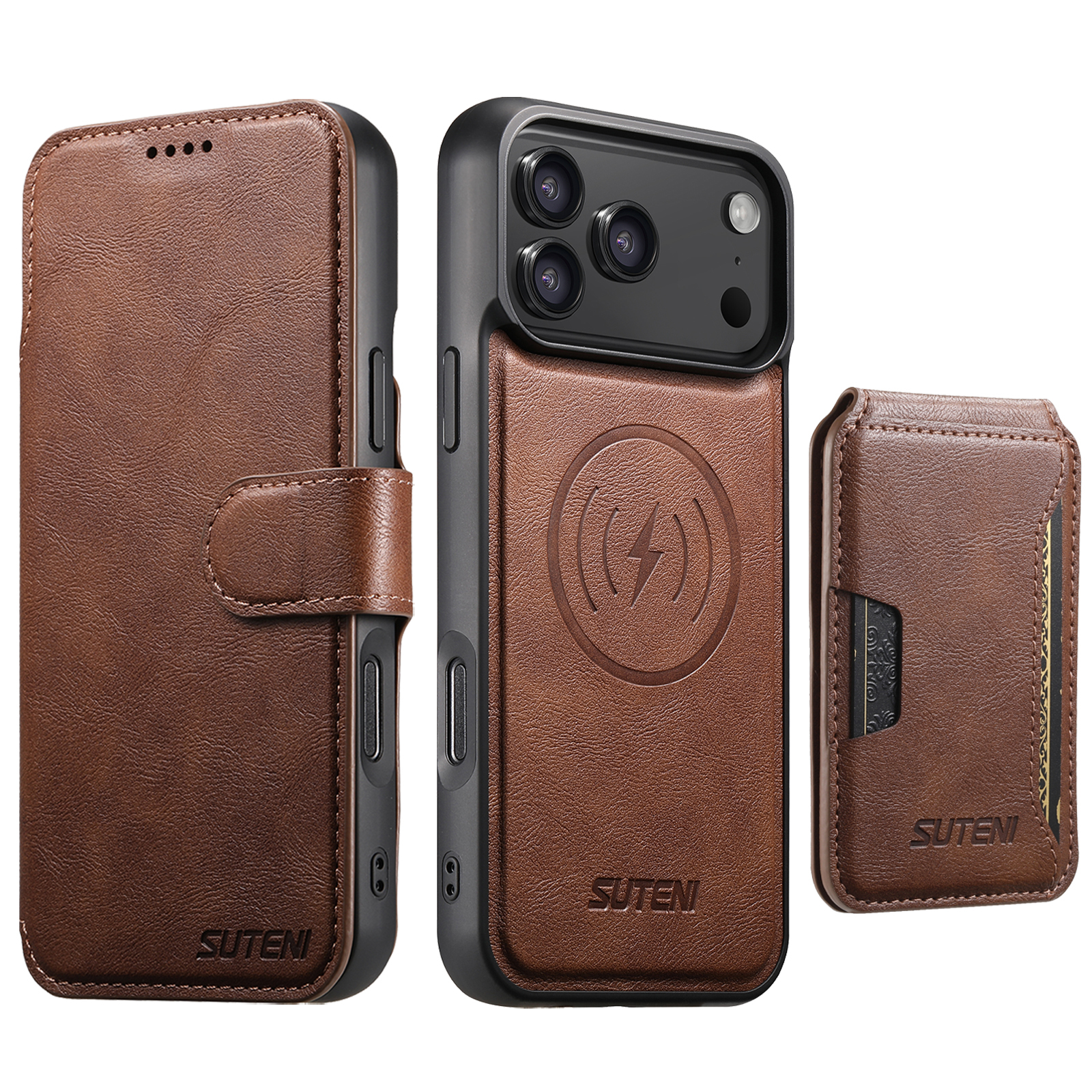 SUTENI Q05S3 Faux Leather Wireless Charging Card Holder Stand Wallet Magnetic Flip Cover Phone Case For iPhone 17 Pro Max 16 Plus 15 14 13 12