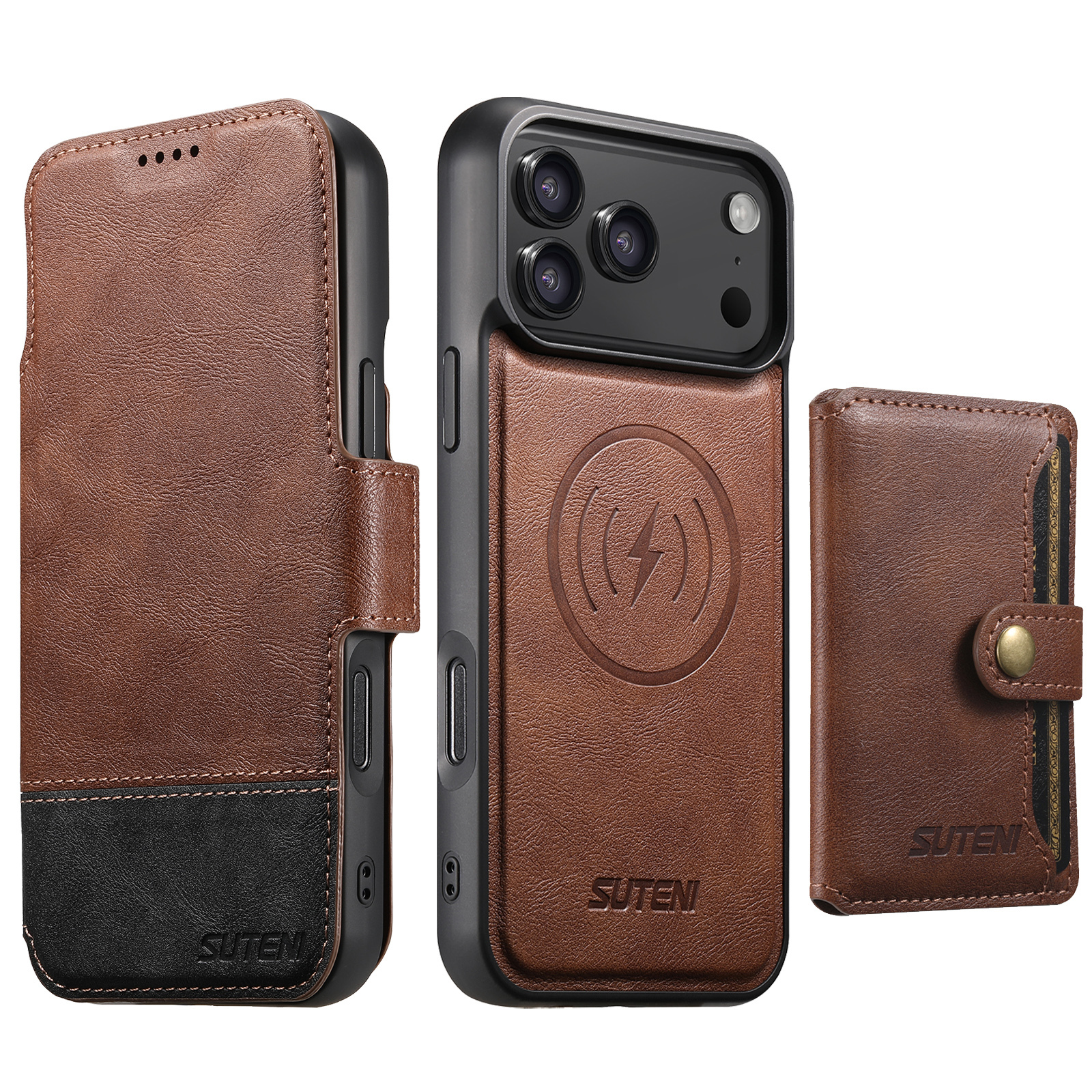 SUTENI Q06S1 Faux Leather Wireless Charging Card Holder Stand Wallet Magnetic Flip Cover Phone Case For iPhone 17 Pro Max 16 Plus 15 14 13 12