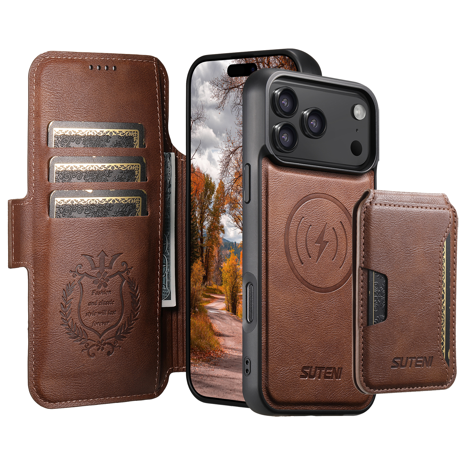 SUTENI Q06S3 Faux Leather Wireless Charging Card Holder Stand Wallet Magnetic Flip Cover Phone Case For iPhone 17 Pro Max 16 Plus 15 14 13 12
