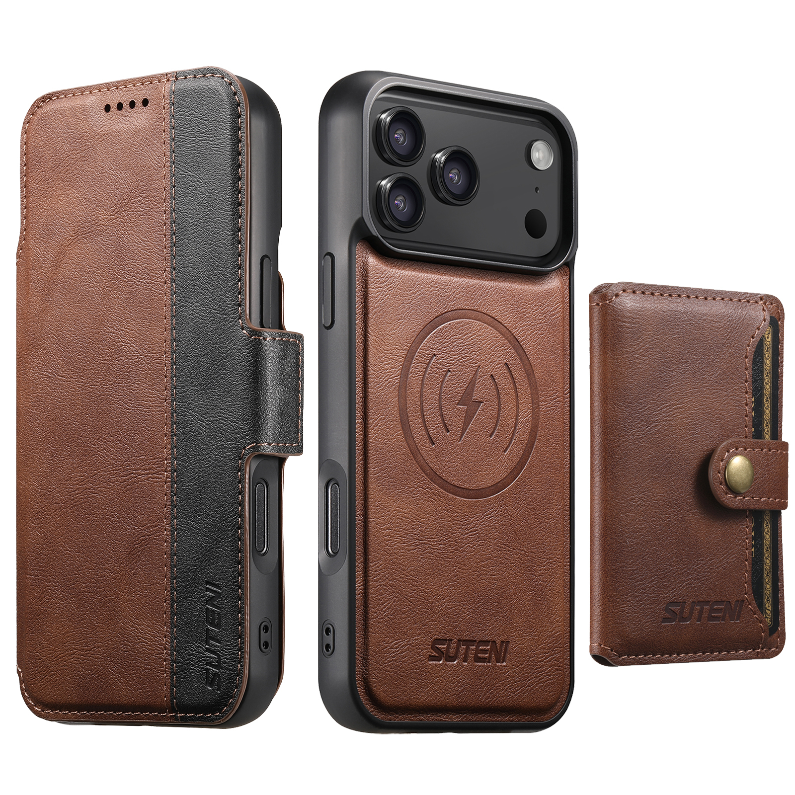 SUTENI Q07S1 Faux Leather Wireless Charging Card Holder Stand Wallet Magnetic Flip Cover Phone Case For iPhone 17 Pro Max 16 Plus 15 14 13 12