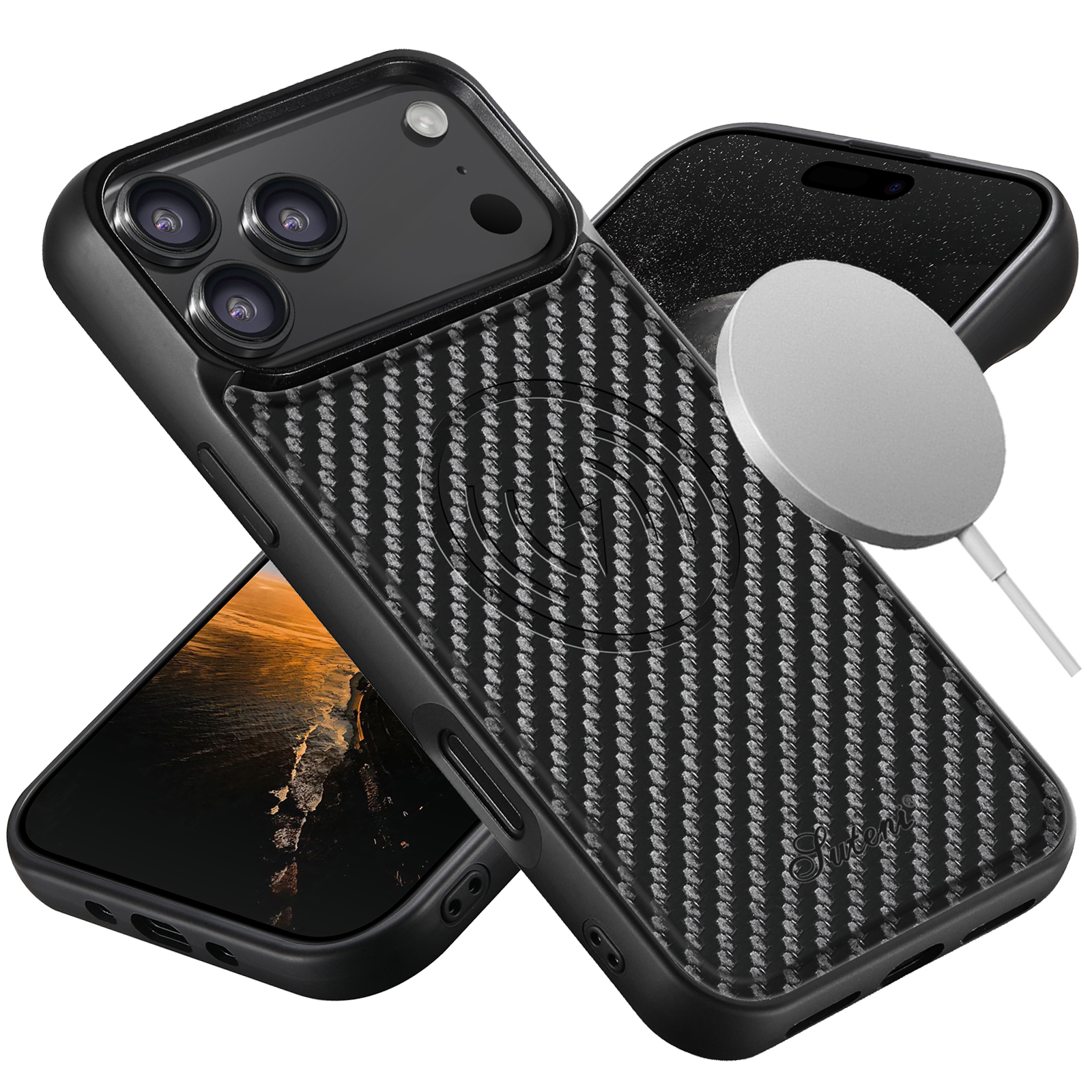 SUTENI H18TXW-DK Luxury Faux Leather Phone Case Wireless Charging Magnet Tartan For iPhone 17 Pro Max 16 Plus 15 14 13 12