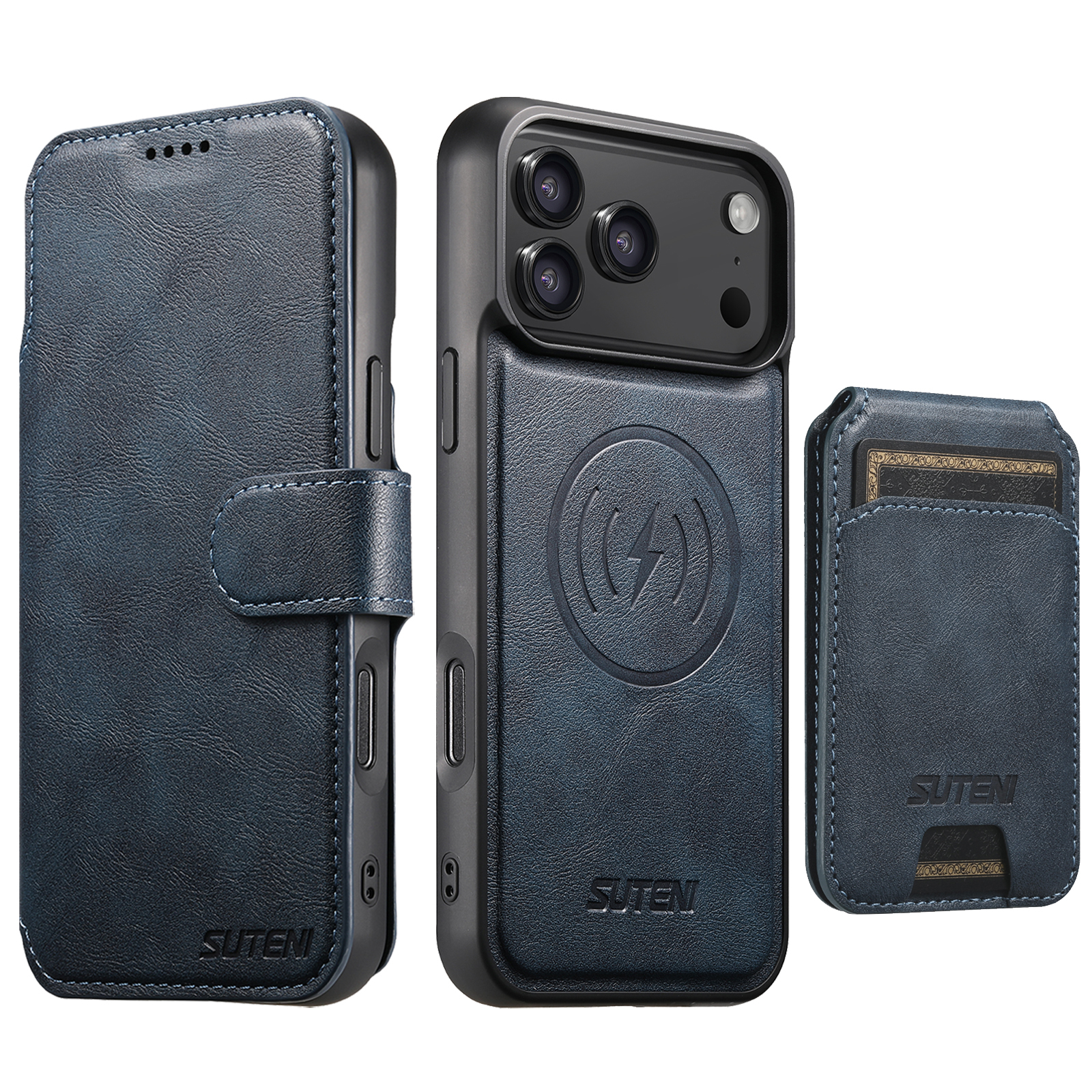 SUTENI Q05S2 Faux Leather Wireless Charging Card Holder Stand Wallet Magnetic Flip Cover Phone Case For iPhone 17 Pro Max 16 Plus 15 14 13 12