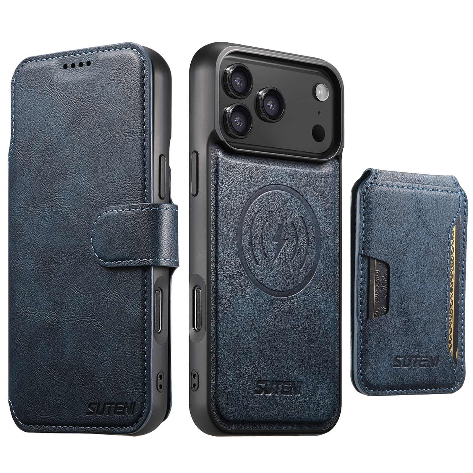 SUTENI Q05S3 Faux Leather Wireless Charging Card Holder Stand Wallet Magnetic Flip Cover Phone Case For iPhone 17 Pro Max 16 Plus 15 14 13 12